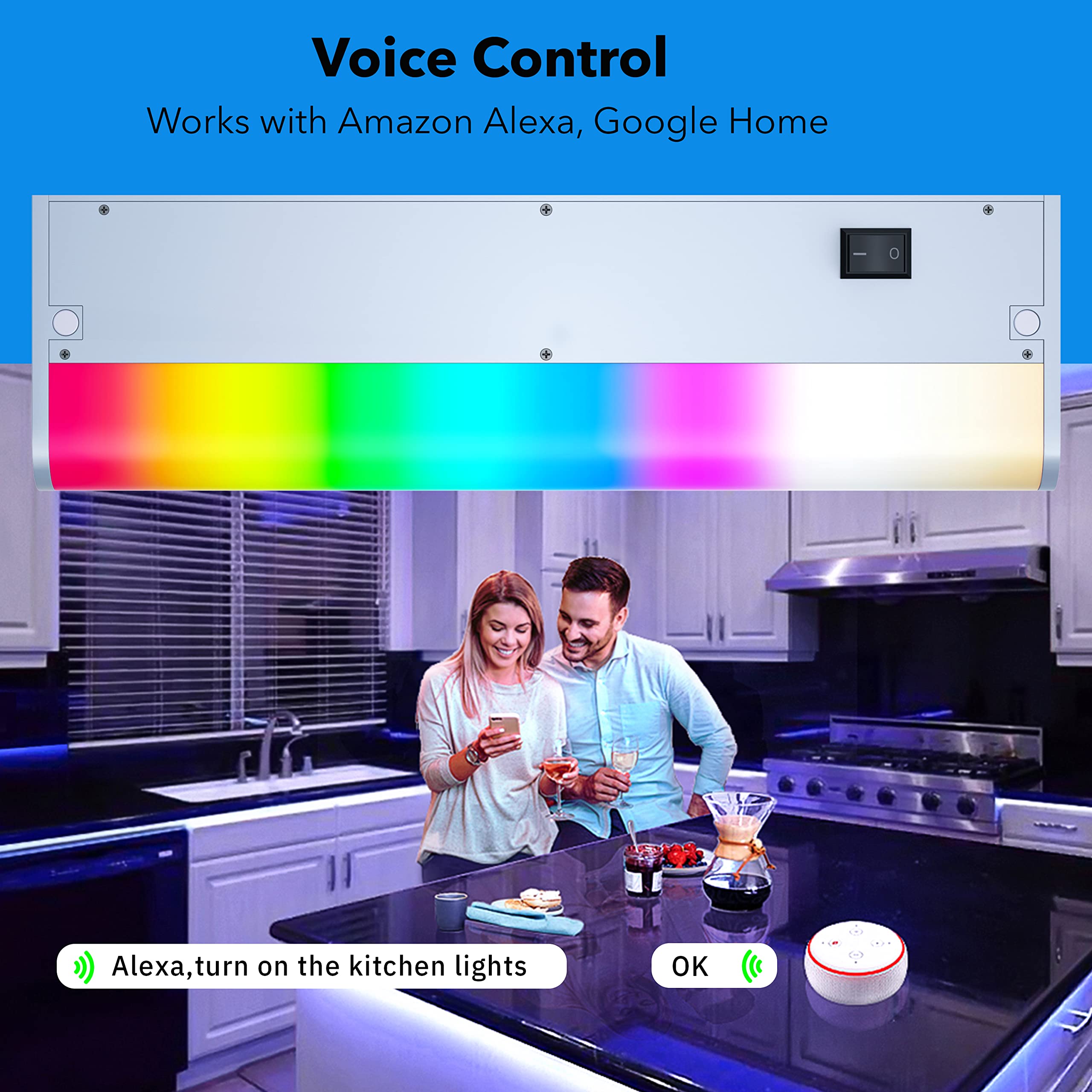 LAMPAOUS Smart Under Cabinet Lights, 24 Inch Hardwired RGBCW Dimmable, Color Changing, Works with Alexa & Google, Silver Housing
