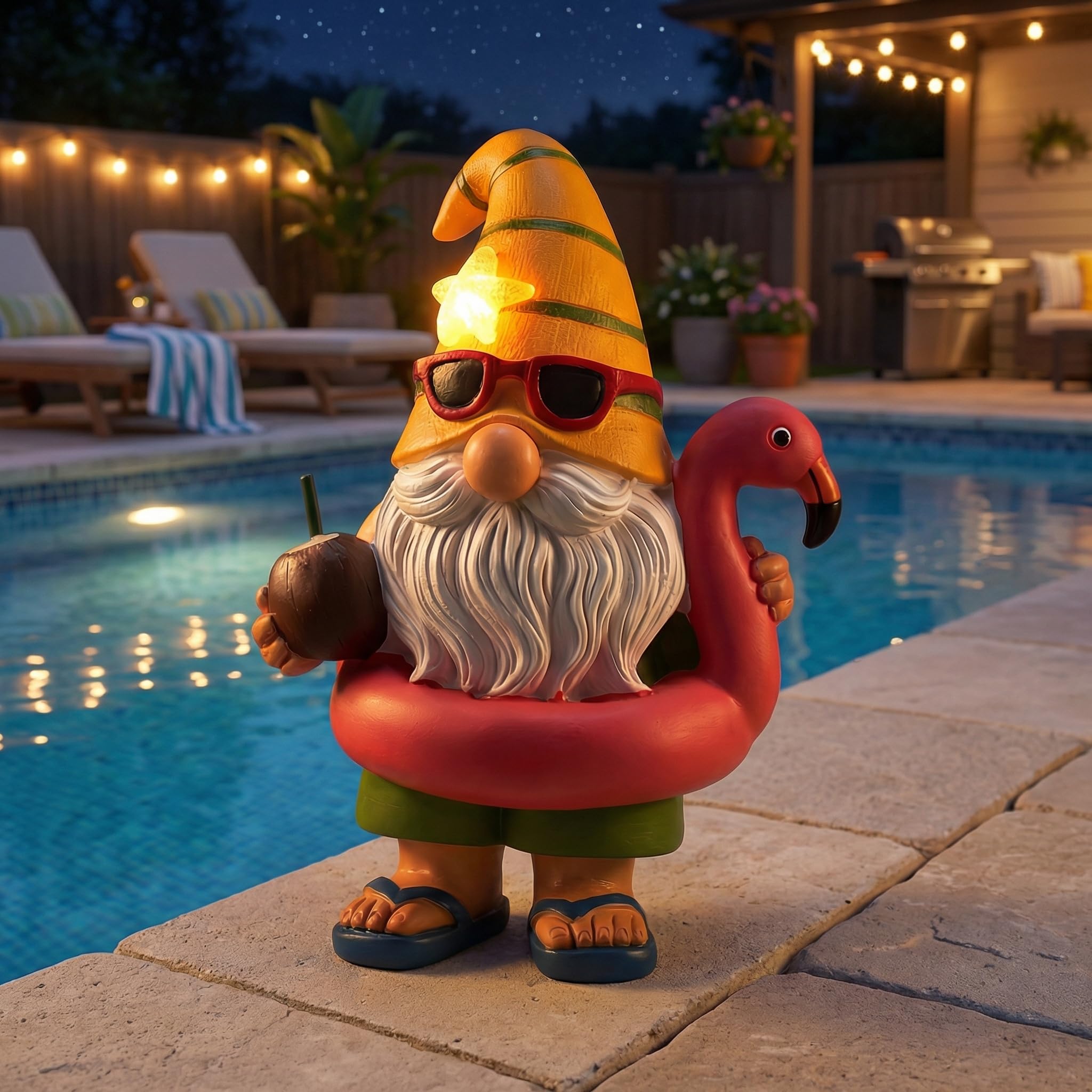 Lavezee Garden Gnome Statue Outdoor Decor  Solar Gnomes with Flamingo Figurine for Garden  Patio  Yard Decor  Summer Pool Party
