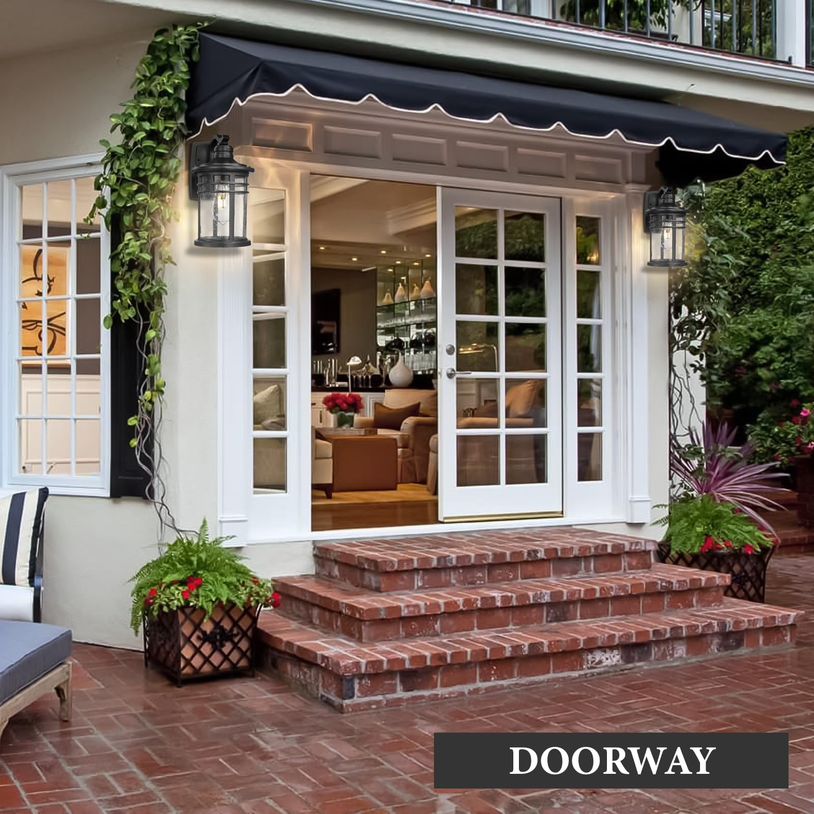 Darkaway Outdoor Porch Lights - Waterproof Wall Sconces with Seeded Glass, 2 Pack, Black, Model 6X20B-2PK BK