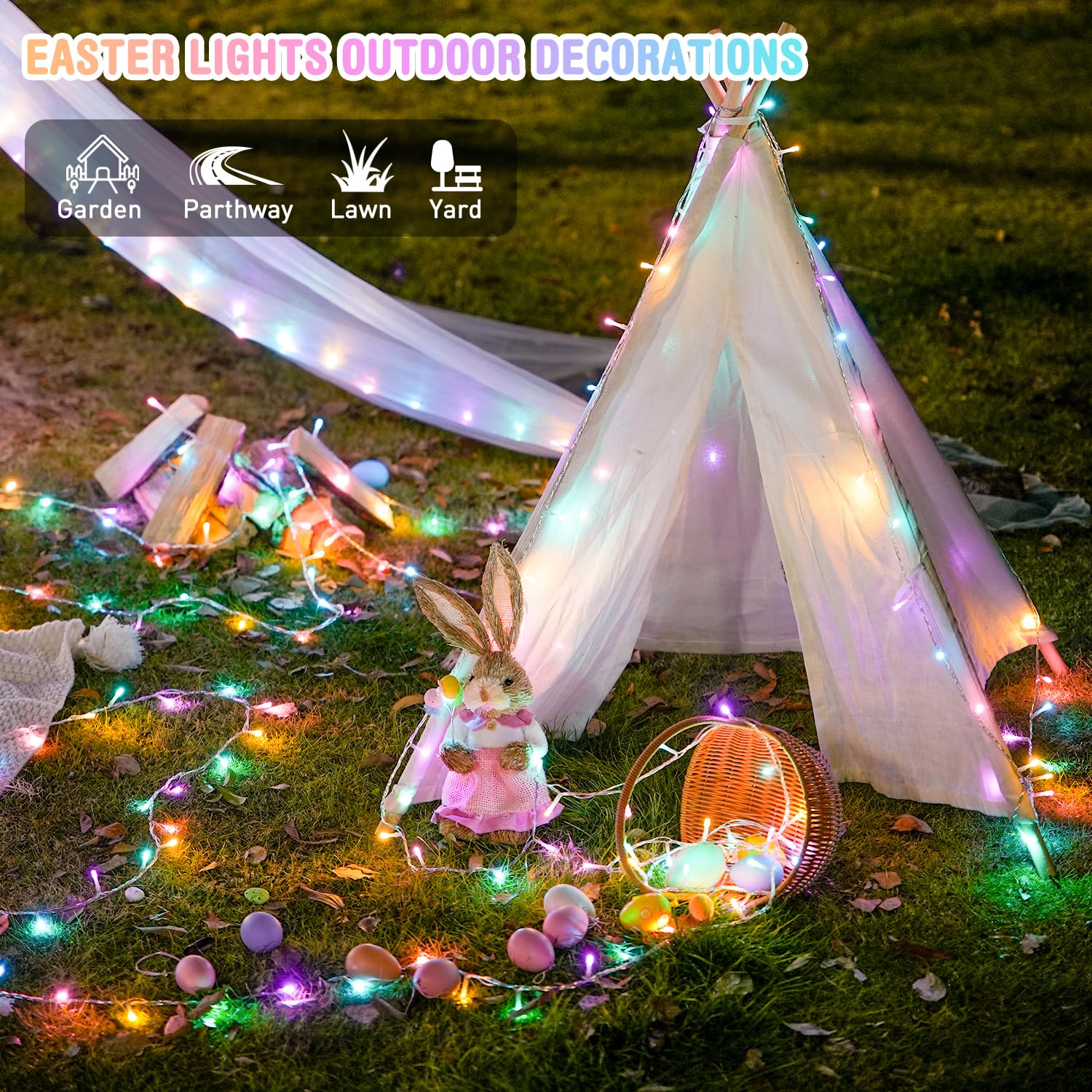 Potive Easter Lights Battery Operated Indoor,2 Pack Total 66Ft 200 Led Easter String Lights Battery Powered,8 Modes Multicolor E