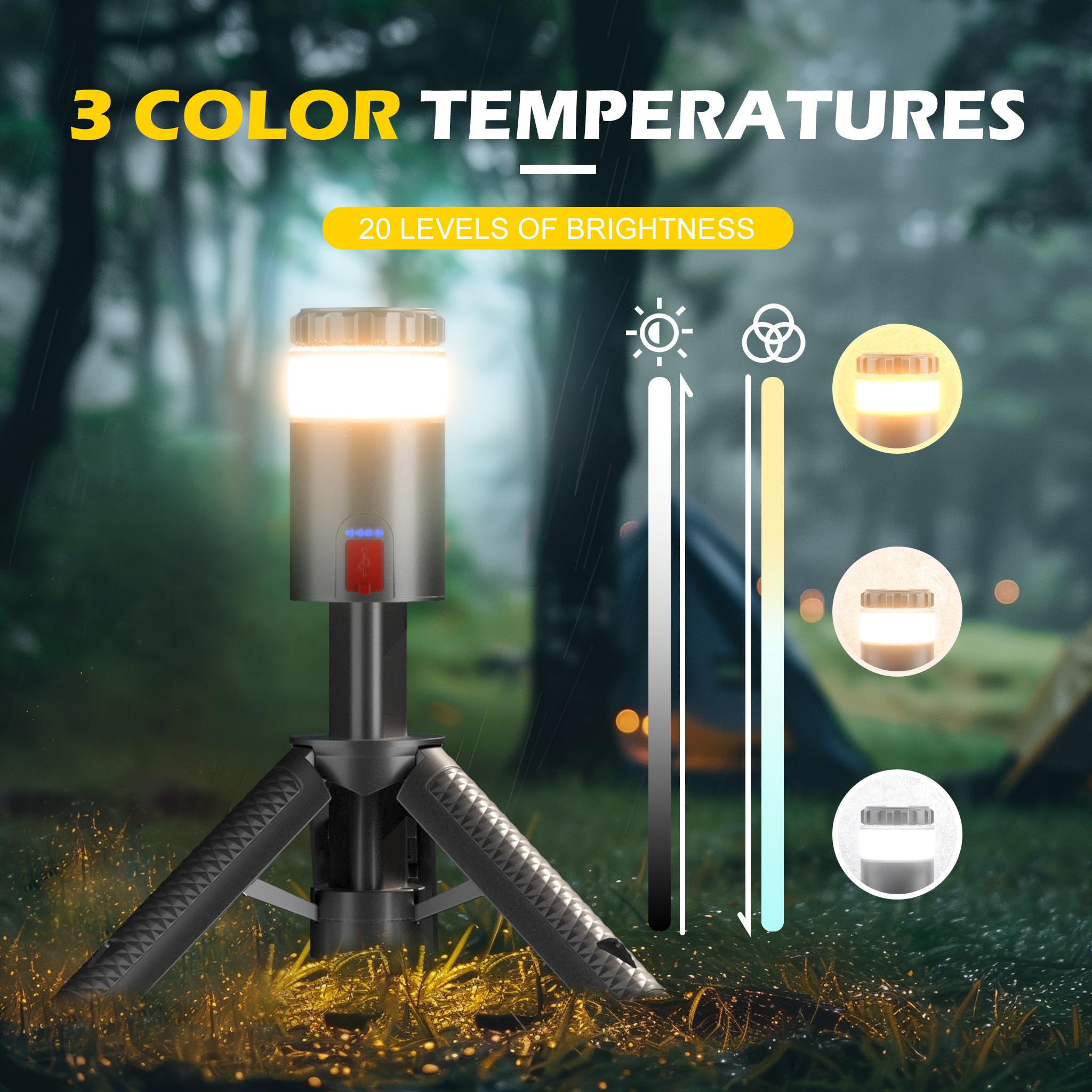 Favourlite Telescopic Camping Lantern - 10000mAh Rechargeable, 15 Color Temperatures, Portable Waterproof, Gray, Model ALS-1487-US
