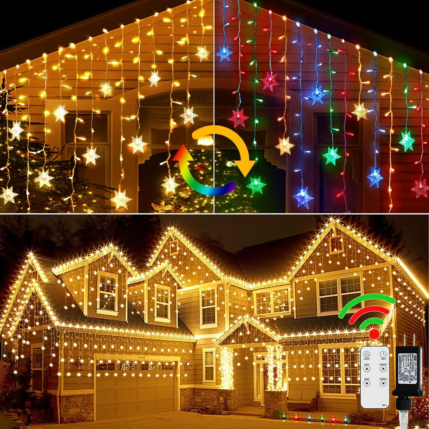 Snowflake Icicle Lights Outdoor, 40ft 360 LED Icicle Christmas Lights Outdoor Indoor, Remote Control Waterproof, 8 Modes Multi-Color & Warm White Outdoor String Light for Christmas Decorations