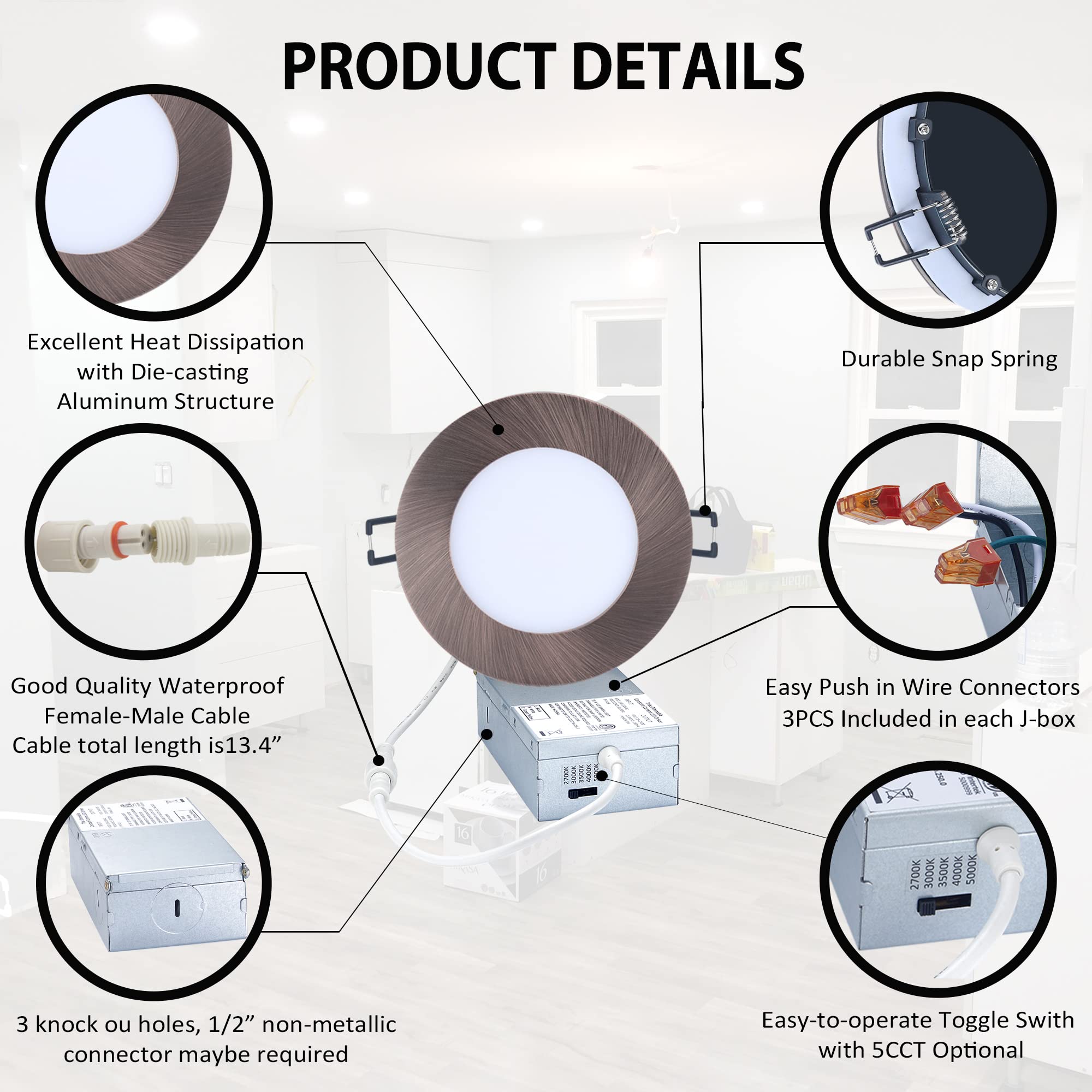POPANU LED Canless Downlight 4-Inch Dimmable Recessed Light Fixture, 9W, 5 CCT Adjustable, Oil Rubbed Bronze, 6-Pack