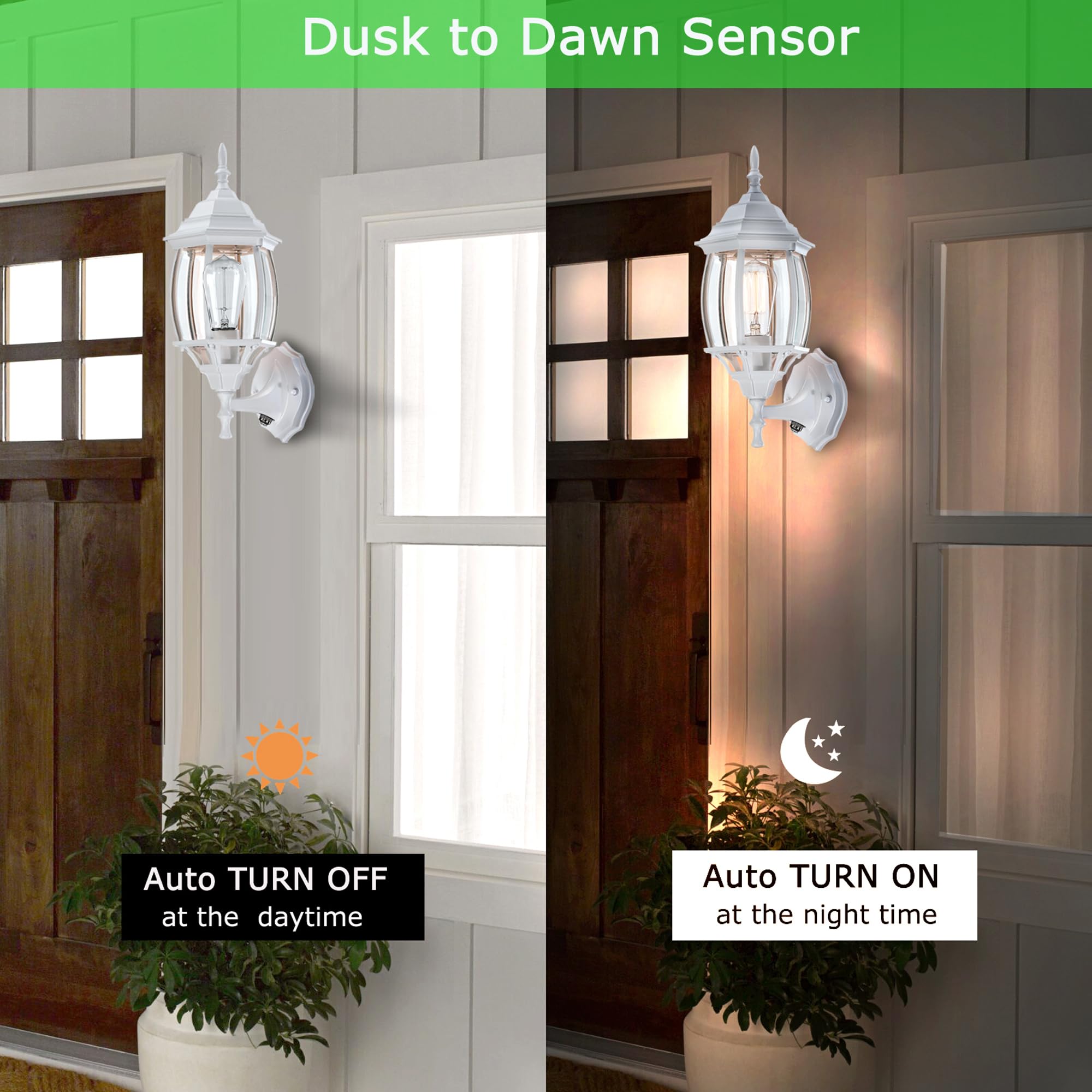 Faymart Lighting 2 Pack White Porch Lights, 16.8in Dusk to Dawn Sensor Wall Sconce, Outdoor Metal Fixture for House, E26