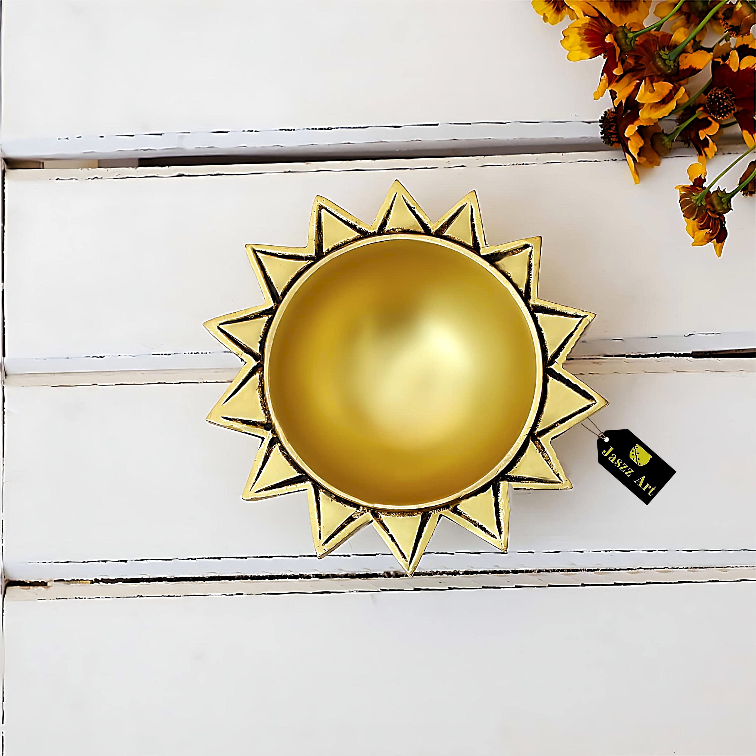 Jaszz Art Brass Sun Diya (4 inches and 2.1 Kg) Small Ethnic Design Handmade Curved Oil Wick Antique Kuber Deepak Lamp for Home D