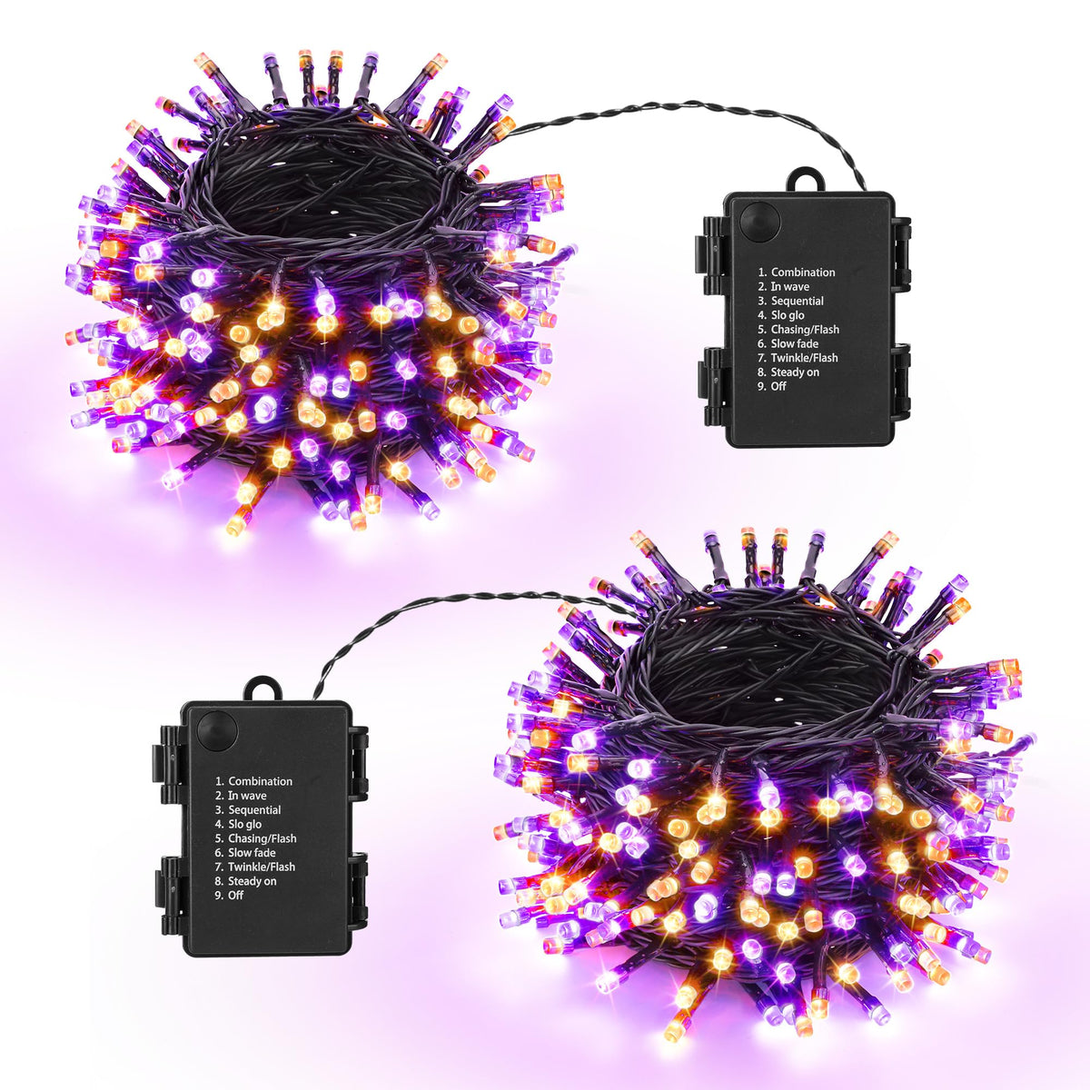Lomotech Battery Operated Halloween Lights - 2 Pack Total 33Ft 100 Led Orange Purple Battery Lights 8 Modes Waterproof With Time