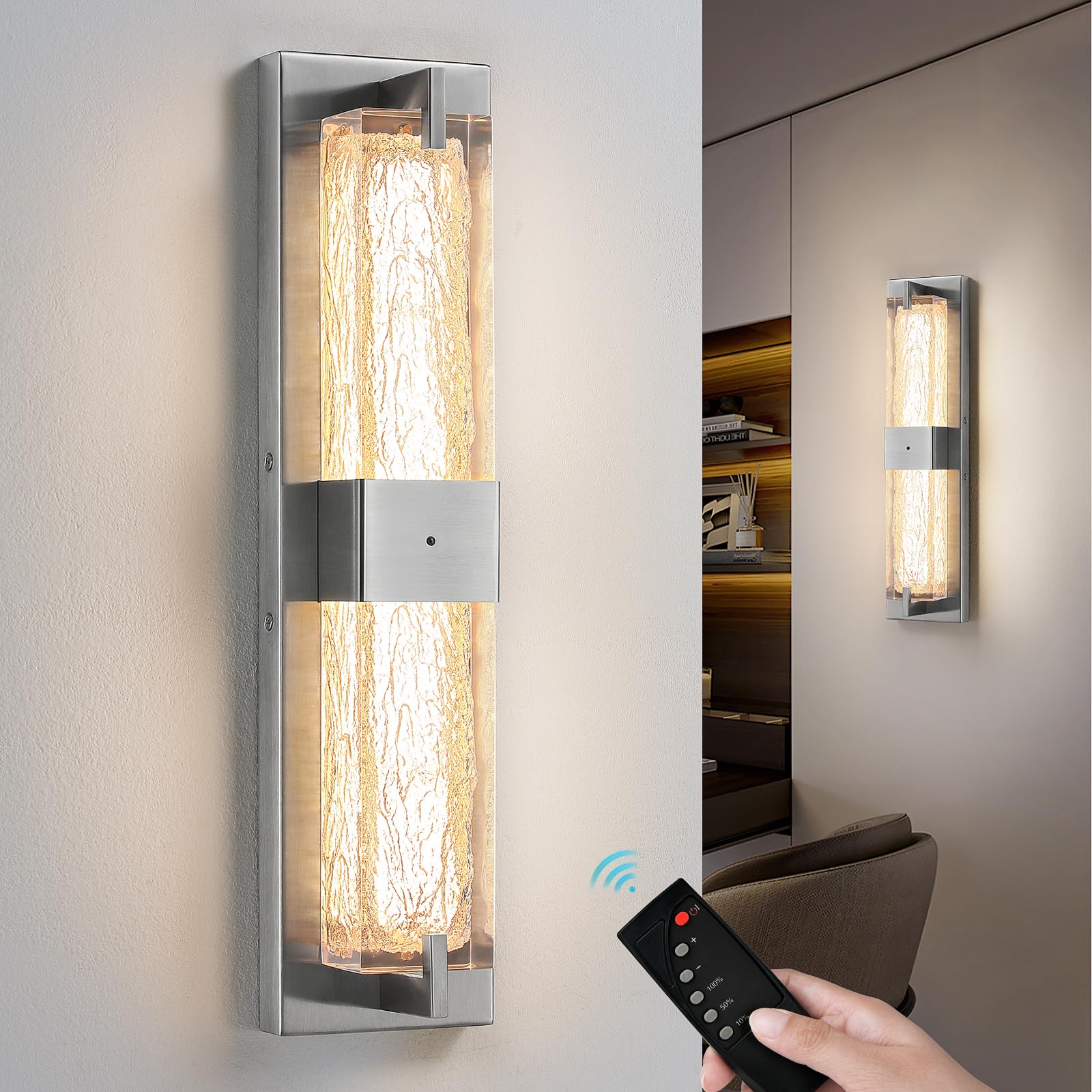 Battery Operated Resin Wall Sconce - Wireless Rechargeable Wall Light Nickel  Led Remote Wall Sconces Lighting  Modern Cordless Brass Vanity Light Fixtures For Living Room Bedroom Bathroom