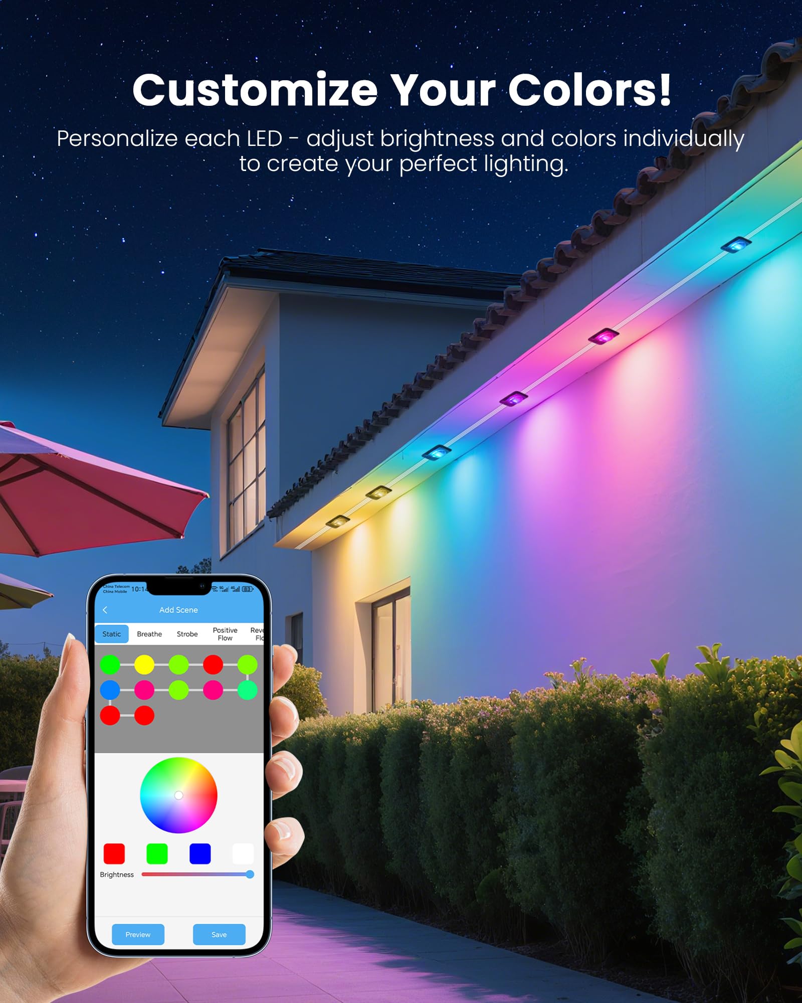 KISUFU 50FT RGB Outdoor Lights, IP68 Waterproof, 221 Modes, App & Remote Control, ABS Material, Model LED725-US, White