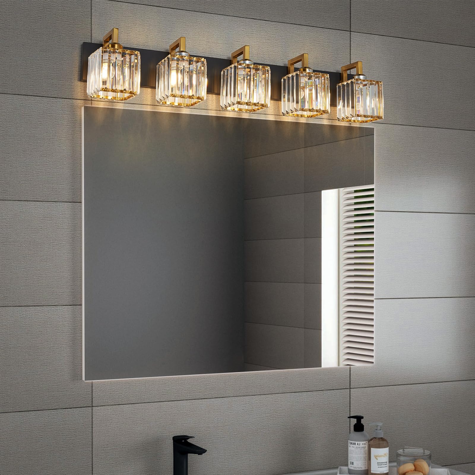 Fdpby Modern Bathroom Vanity Light 5-Lights Black Gold Crystal Wall Lamp Bathroom Modern Crystal Vanity Lighting