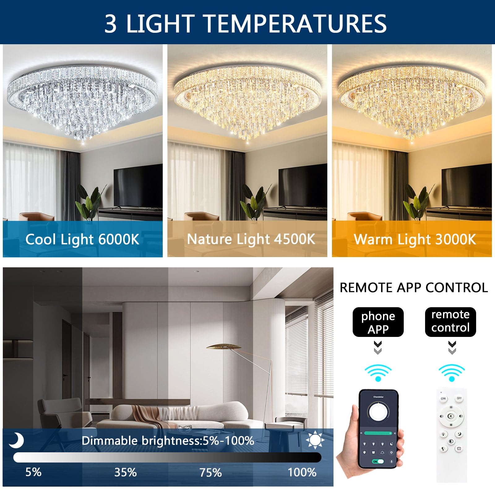dolria 47'' Modern LED Dimmable Crystal Flush Mount Chandelier, Silver, Metal, Model PC1019-120S for Living Room, Foyer, Bedroom