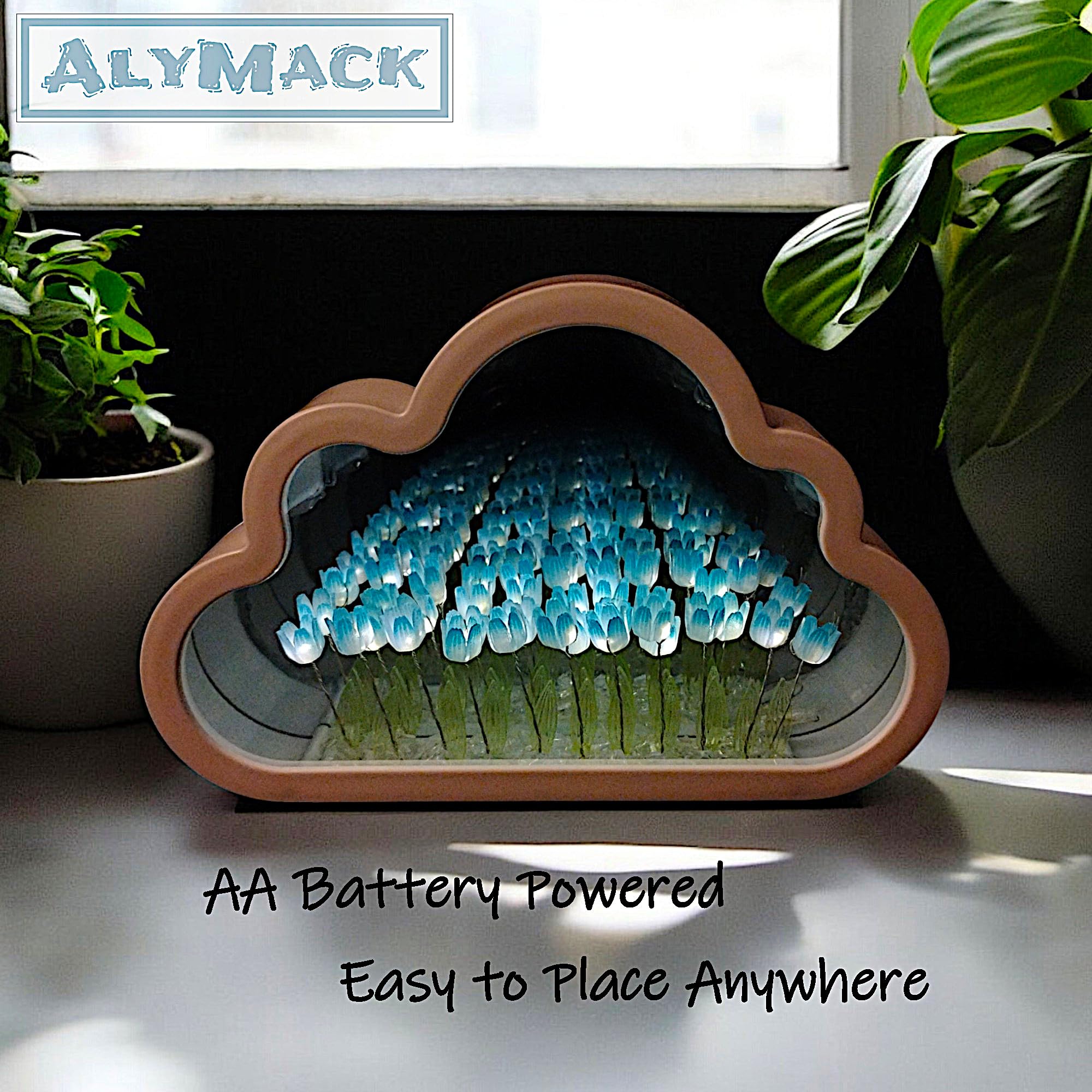 ALYMACK Tulip Lamp - Infinity Mirror Night Light, AA Battery Powered, Blue, Model AM2, Plastic Material