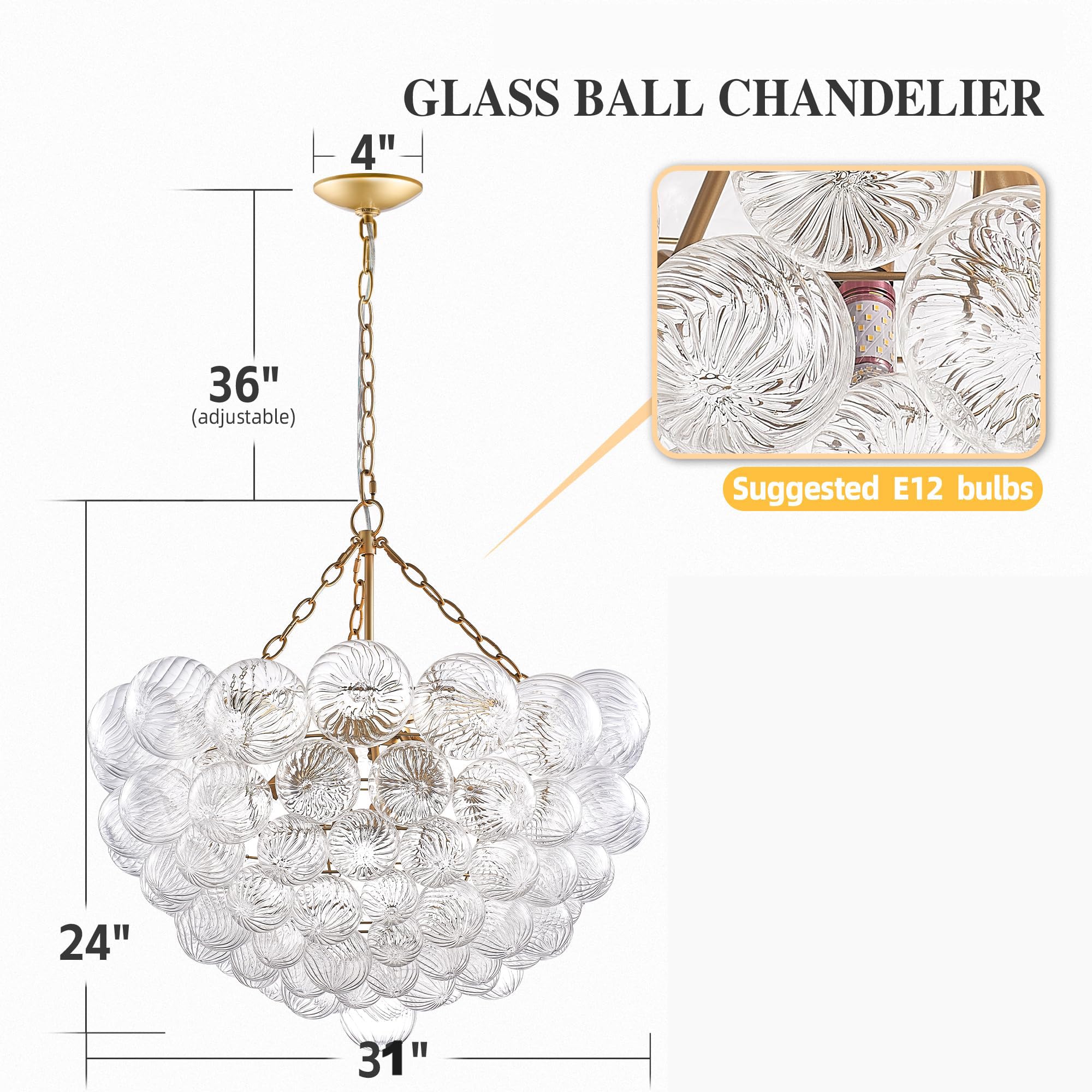 Longree Nordic Bubble Ball Swirled Glass Chandelier, Diam 31'' Gild Gold And Clear Modern Hand Blown Glass Pendant Light Fixture