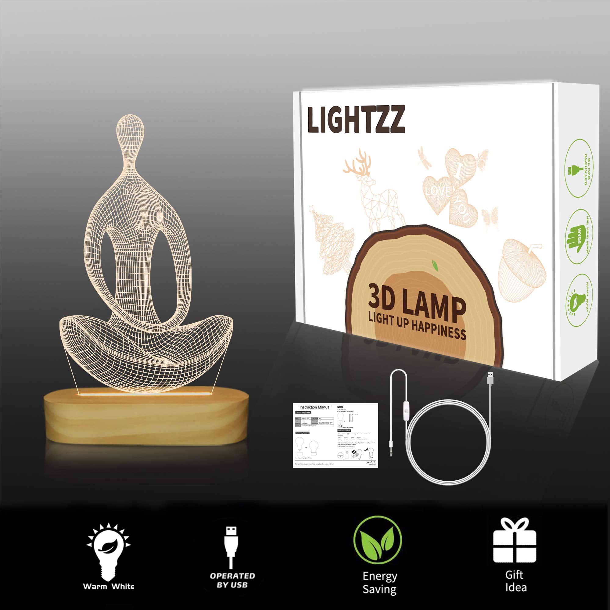 Lightzz Yoga Lamp - LED 3D Night Light for Meditation - Wood Base, Yellow - Model FS-XMX001-9999, Perfect Gift for Girls & Women