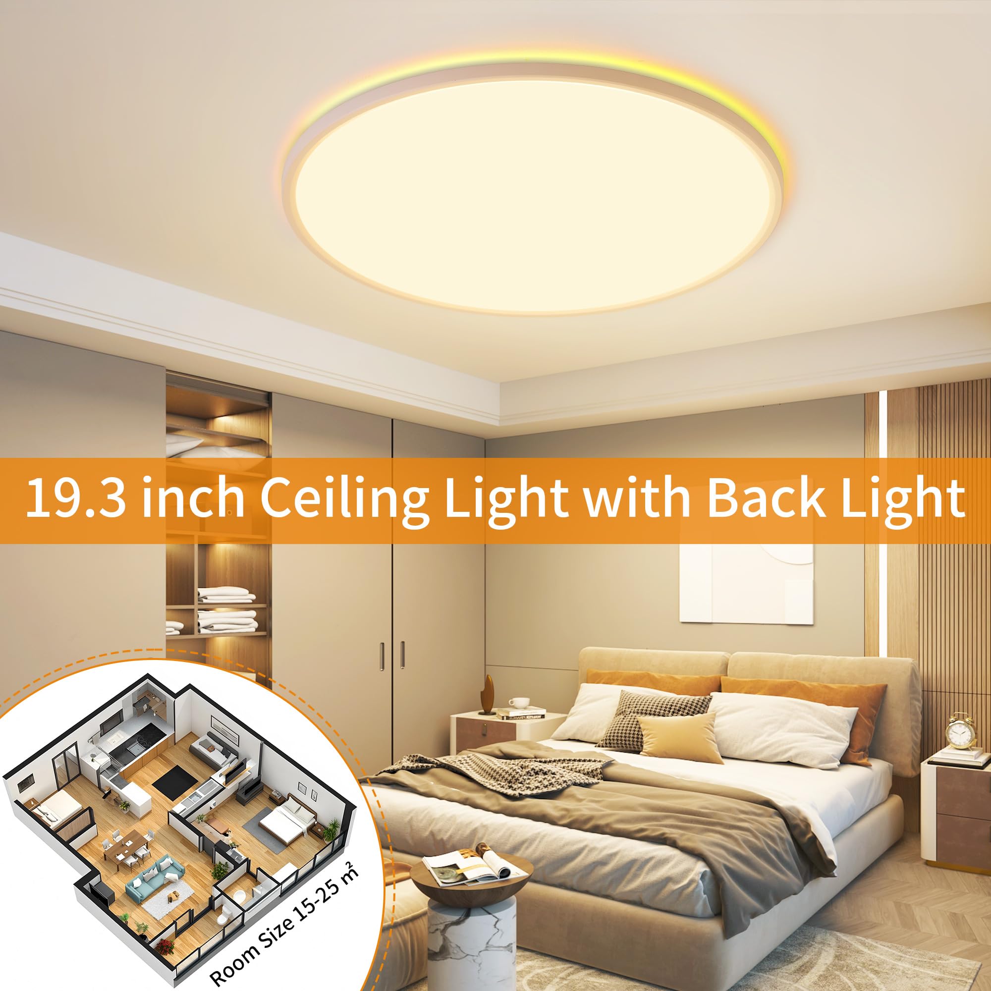 UprizeP Flush Mount Ceiling Light with Remote Control, 45W 4500LM, 19in, Dimmable 1800K-6500K, White, Model LT016