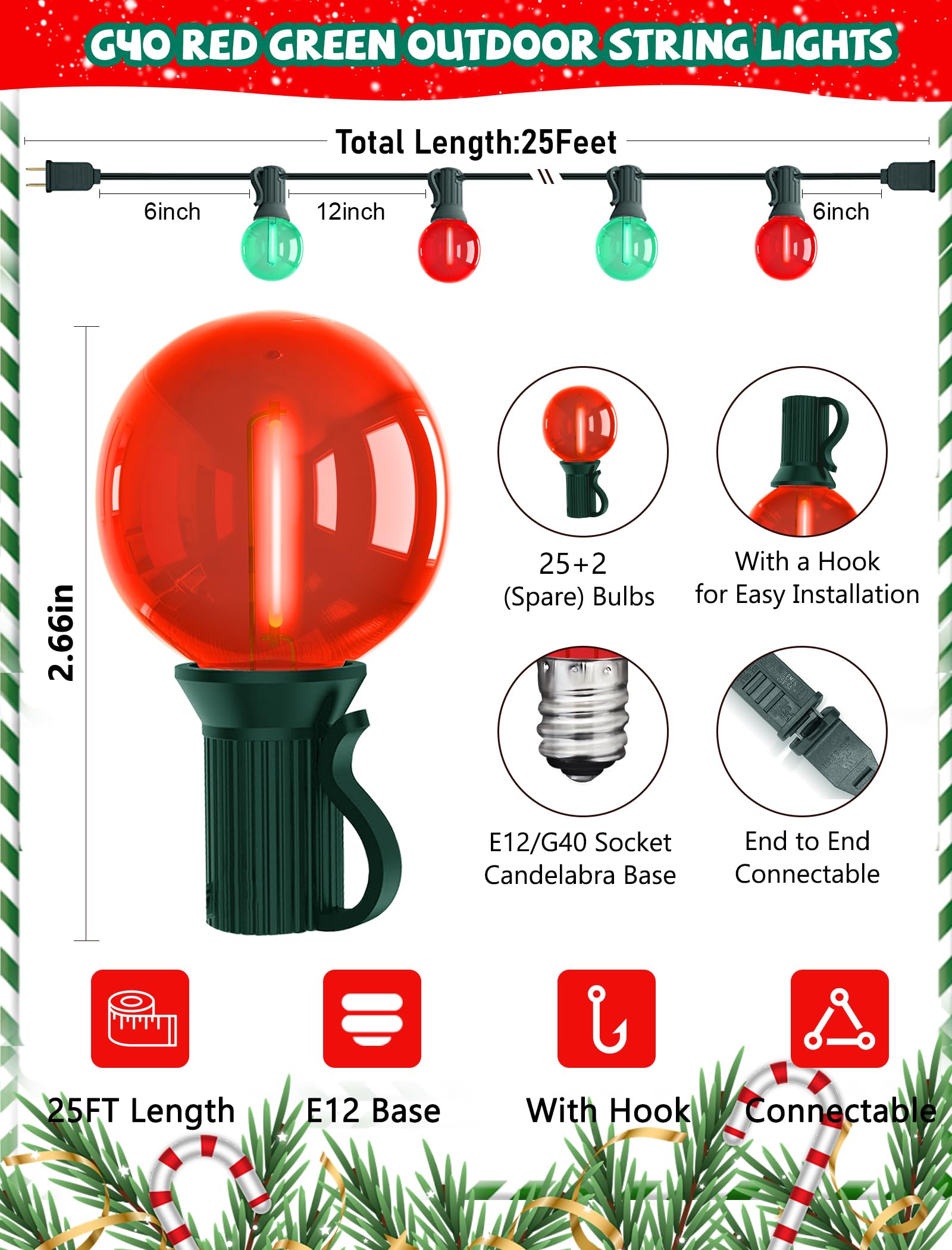 Xingzd 25Ft Led Christmas Outdoor String Lights  G40 Globe Lights With 27 0.6W Clear Multicolor Bulbs  Vintage Christmas Lights For Holiday Party Backyard Wedding Garden Patio Porch Decor  Green Wire