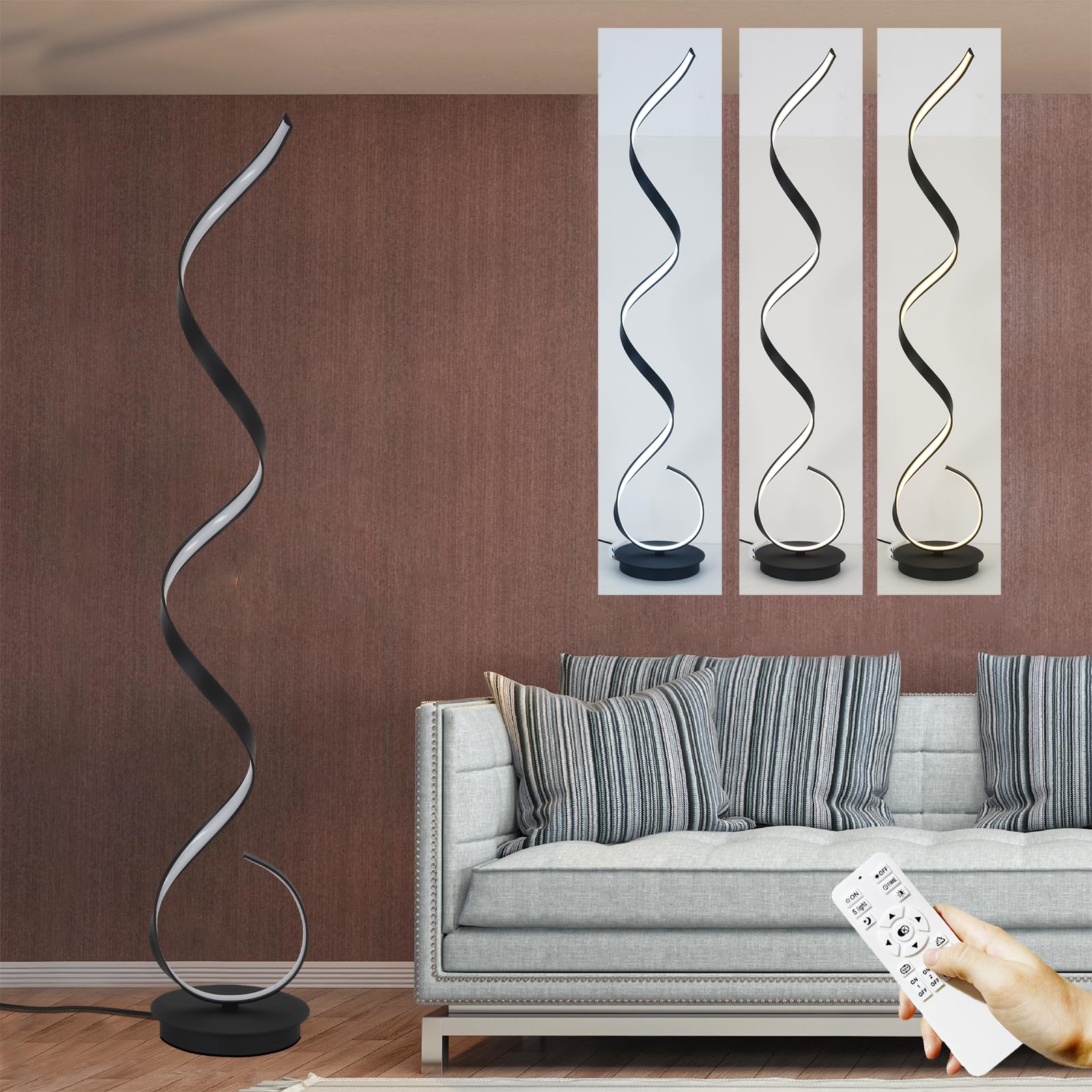 Vlaikez Spiral Floor lamp, 57 48W Unique Modern LED Floor Light, 3 Color dimmable Remote Control Corner lamp Standing Light, Sui