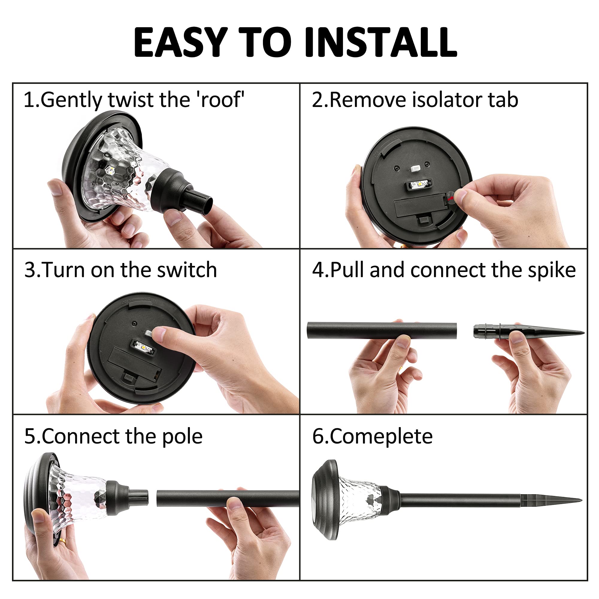 GIGALUMI Solar Pathway Lights 8 Pack, Waterproof LED Garden Lights, Warm White, Black, Model 8528