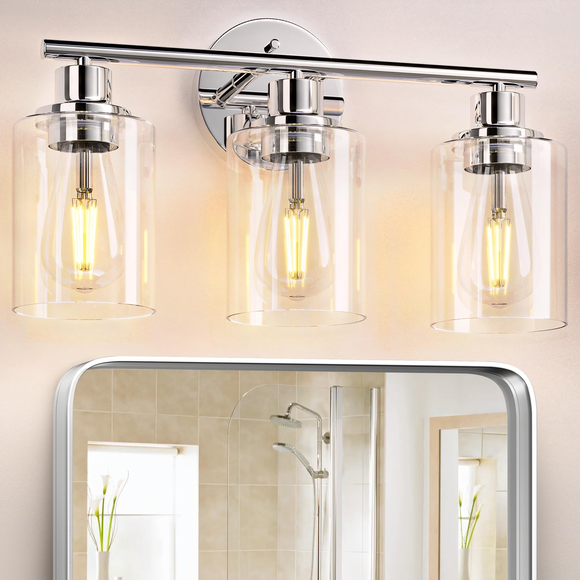 Weyderk Chrome Bathroom Vanity Light - 3 Light Bathroom Light Fixture With Clear Glass Shades, Ul Certification & E26 Base, Chrome Bathroom Vanity Lights Over Mirror For Bathroom