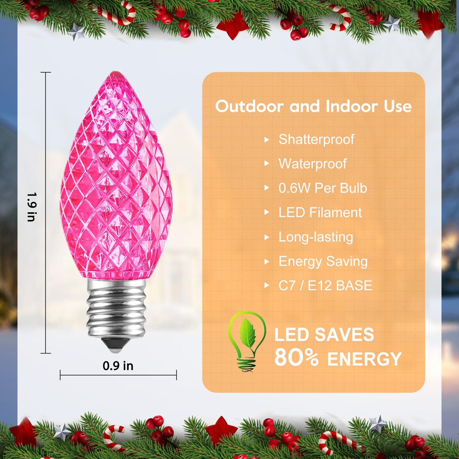 C7 Pink Christmas Led Replacement Light Bulb  C7 Shatterproof Replacement Bulbs For Outdoor Indoor String Lights  E12 Candelabra Base Pink Christmas Bulb For Xmas Holiday House Lighting Decoration