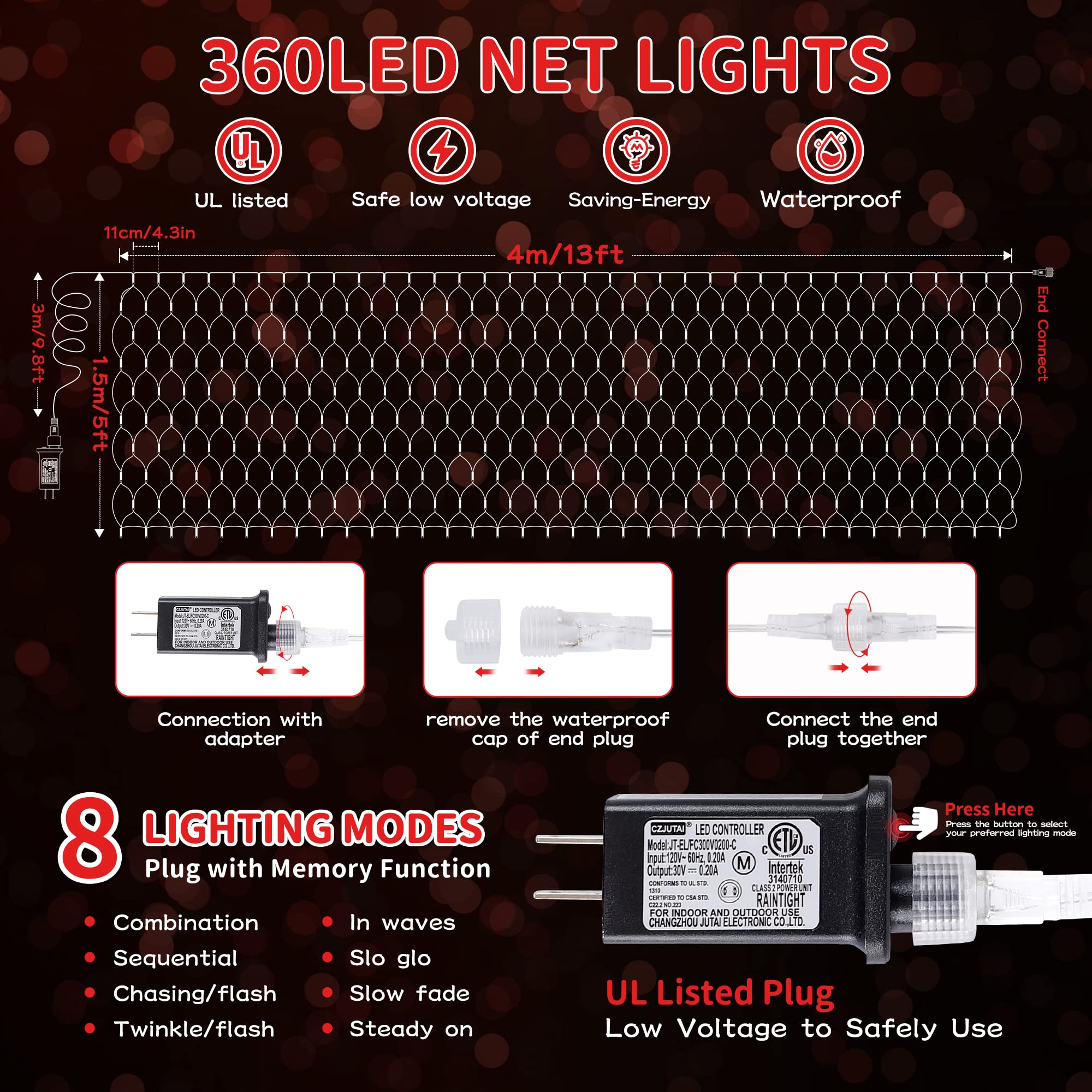 Heyfuni Net Mesh String Lights, 360Led Red Light Bulbs, 8 Lighting Modes, For Indoor Outdoor, Curtain, Christmas Tree, Bush, Party, Wedding, Fairy, Wall Decor (13 Ft X 5 Ft,Red)