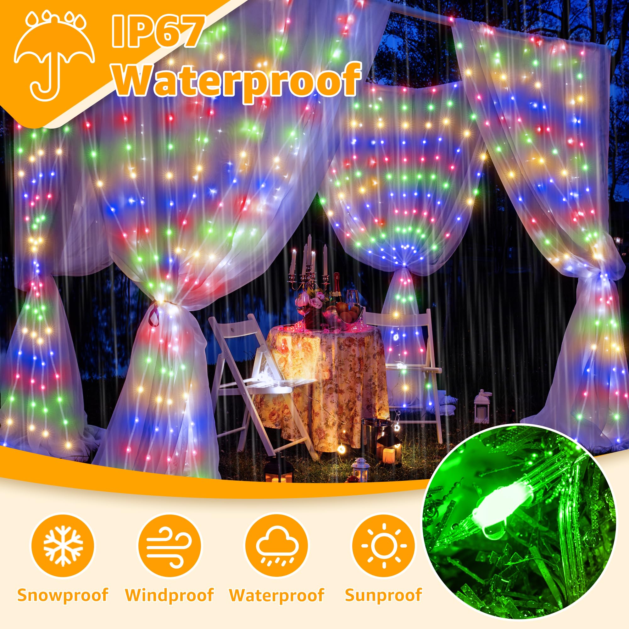 Ollny Curtain Lights 600Led 19.7Ft X 9.8Ft  Ip67 Waterproof Outdoor Curtain Rice Lights With Remote  Plug-In Untangle Fairy Light With 8 Modes 3 Timers For Wall Waterfall Backdrop Decor(Multicolored)