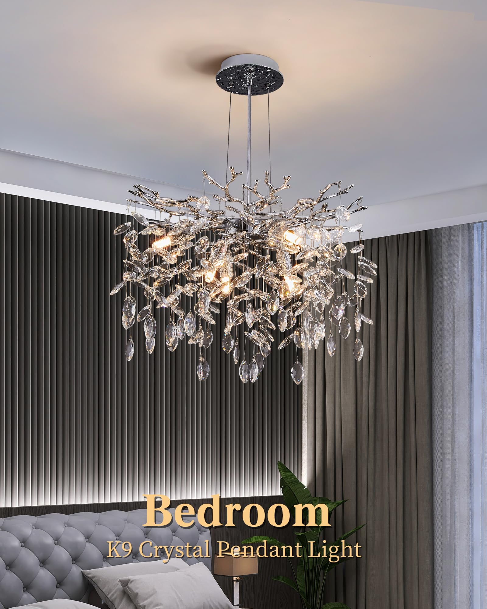 Modern Tree Branch Crystal Chandelier Luxury Silver Crystal Pendant Lighting 18'' Contemporary 6-Light Chandeliers For Dining Ro