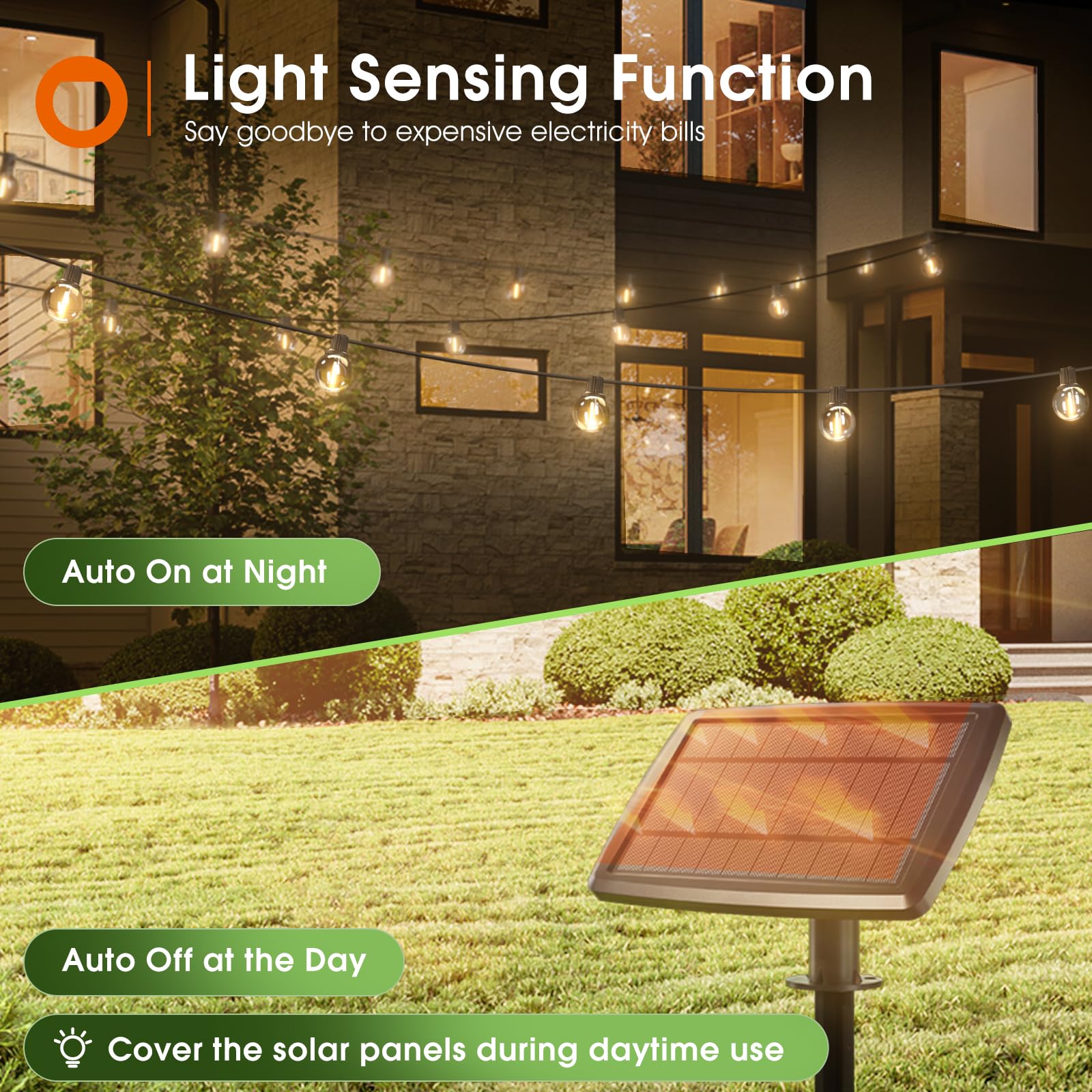 addlon Solar String Lights 100FT with Remote, 54 LED Shatterproof Bulbs, Dimmable, 3 Light Modes, Black, Model A09JW041101001
