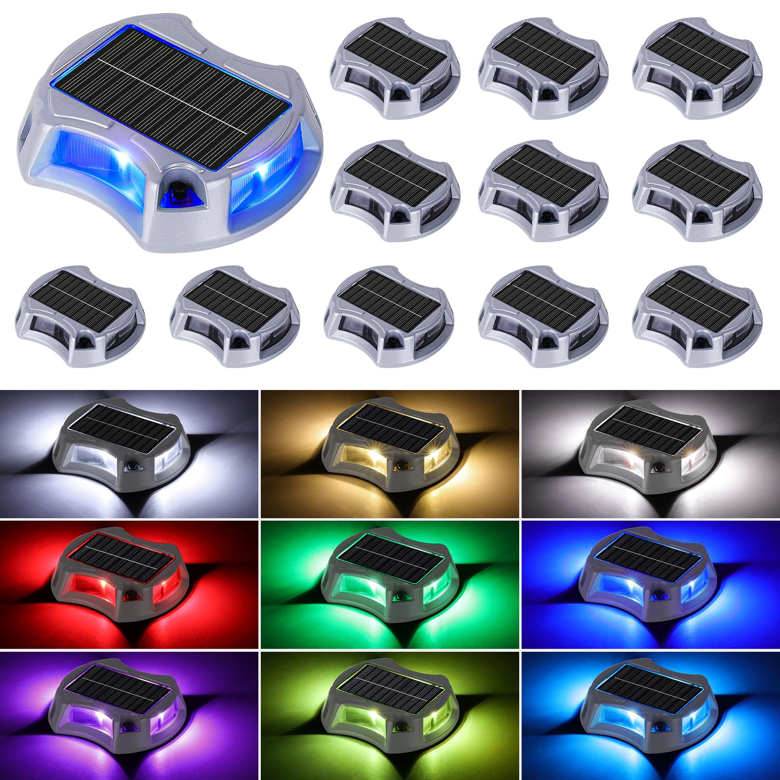 Bosceos Solar Driveway Lights Deck Dock Lights Outdoor 12 Pack, 9 Colors in 1, Pathway Light Solar Powered Waterproof, LED Marke