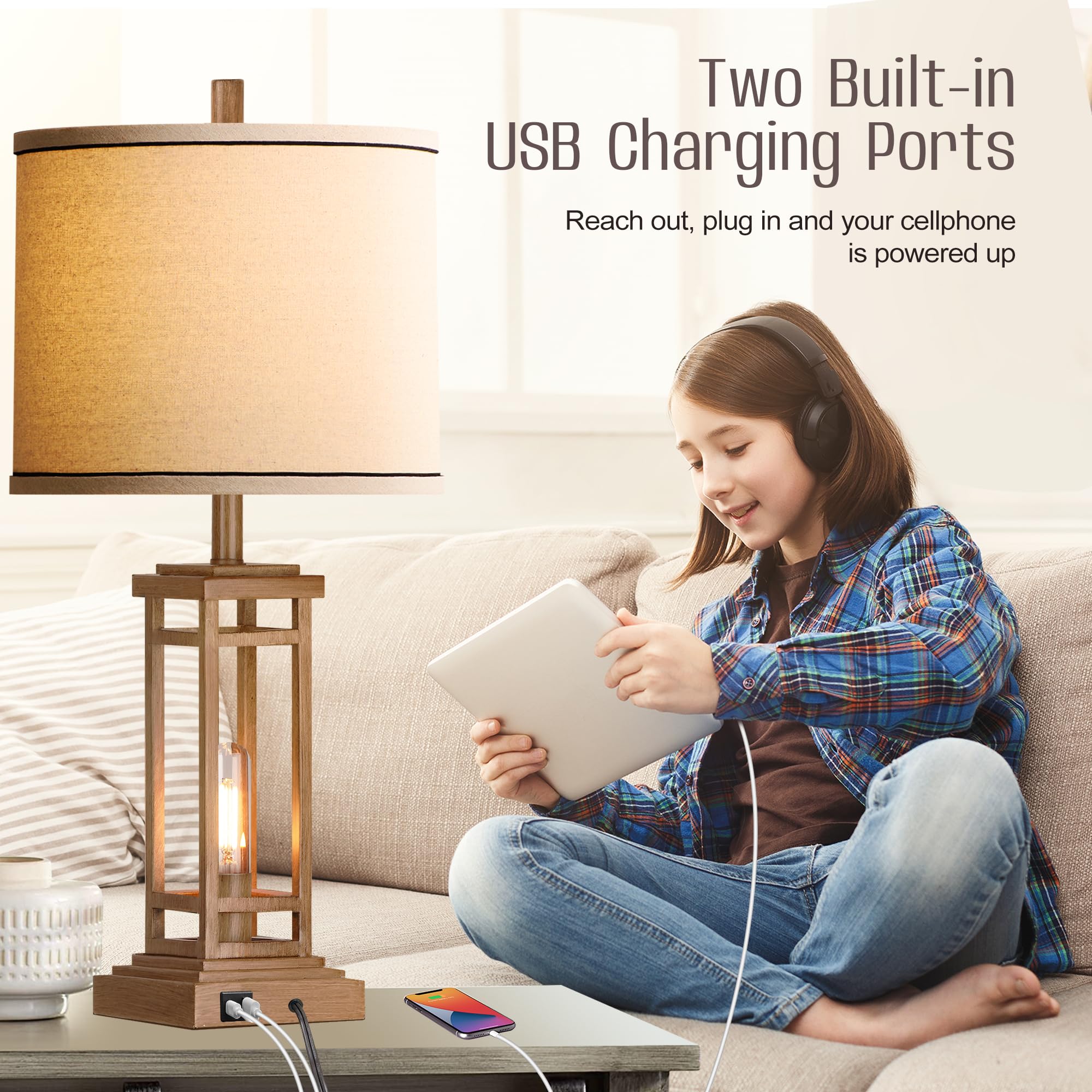 ROTTOGOON 27.5" Rustic Farmhouse Table Lamp with USB Ports, Black Metal, Ideal for Living Room or Bedroom Nightstand, Model ROLP380AO1