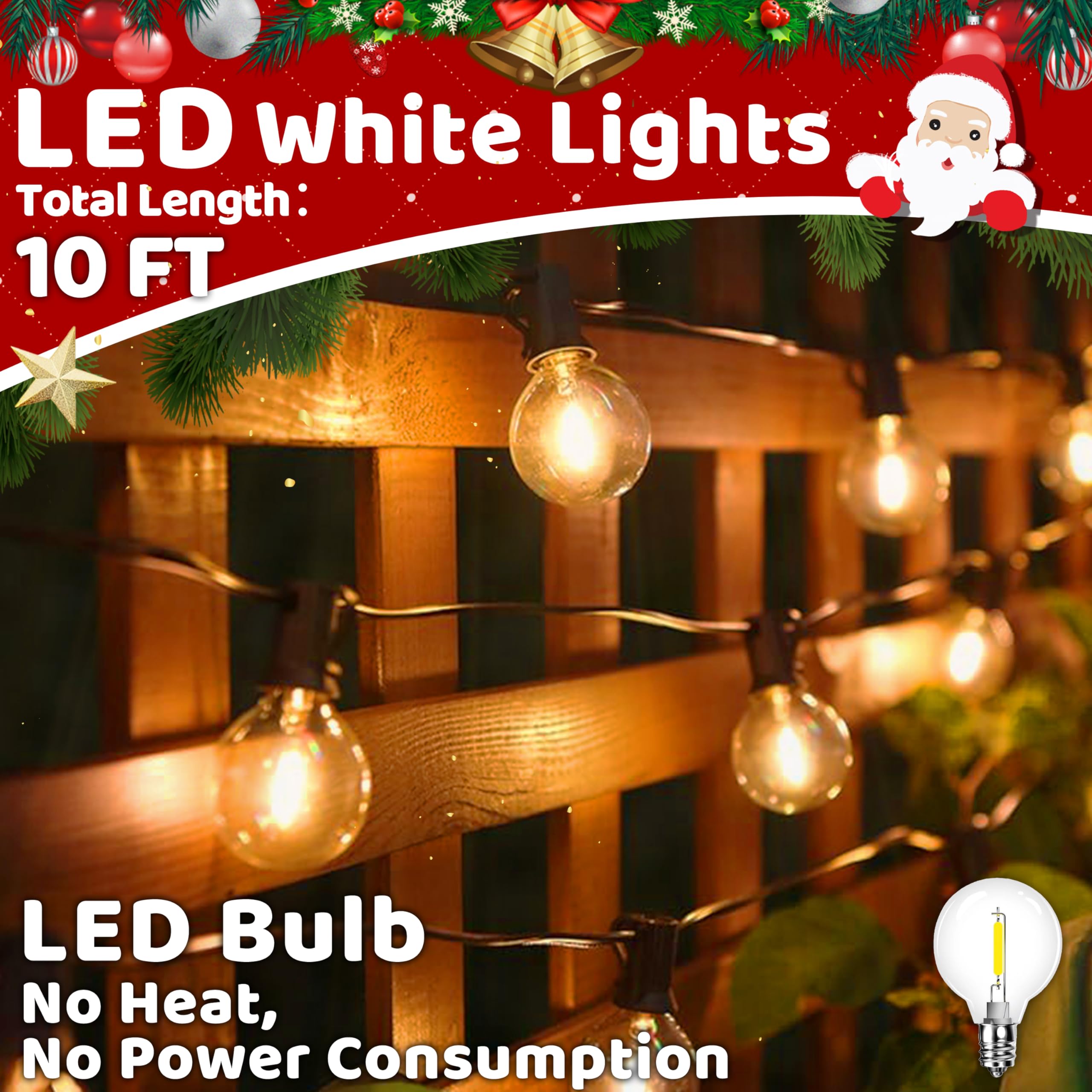 10Ft Led Outdoor String Lights - Waterproof Patio Lights Shatterproof G40 Edison Globe Bulb, Connectable Hanging Outdoor String