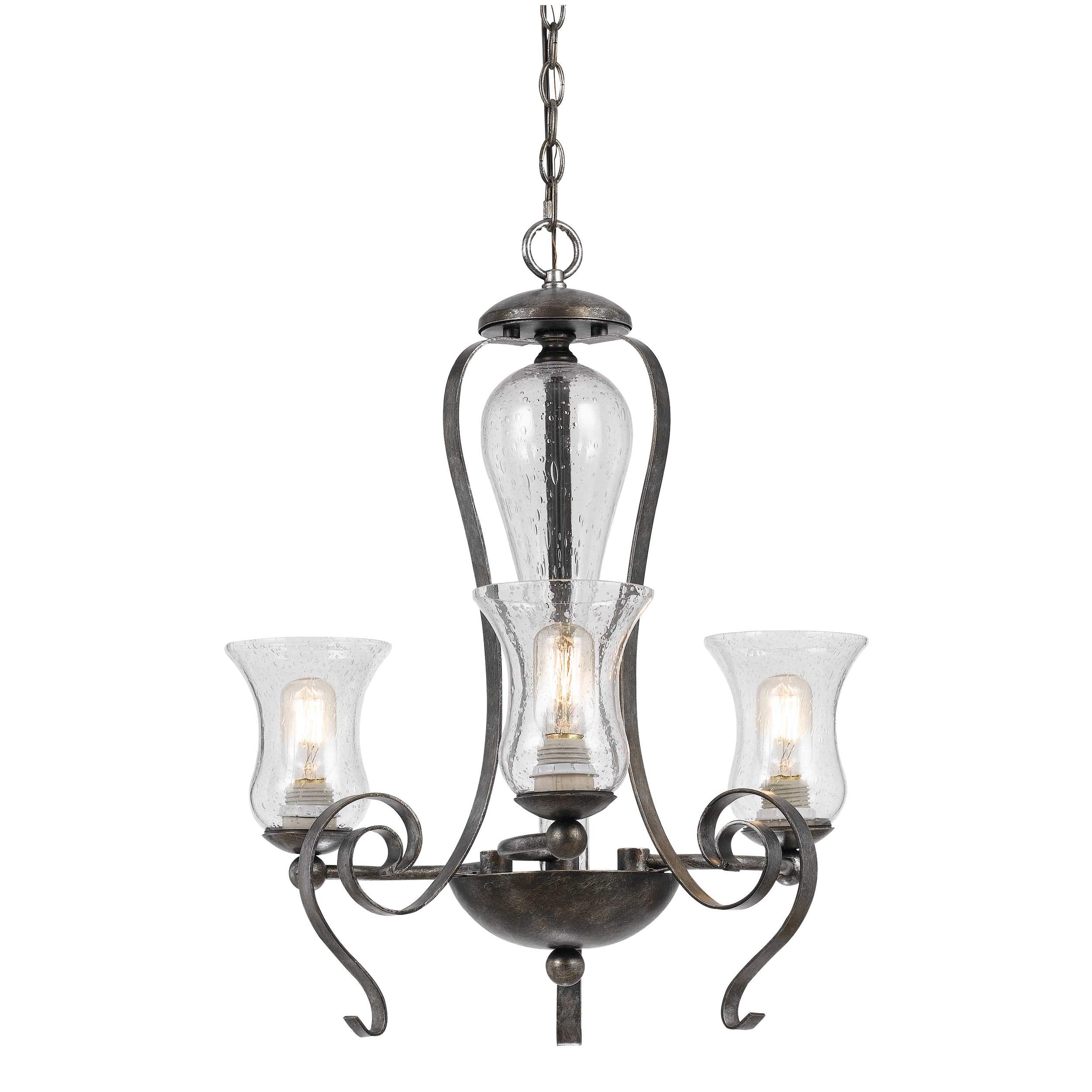 Benzara 3 Bulb Chandelier Metal Frame Glass Shades Model BM226298 Gray and Clear