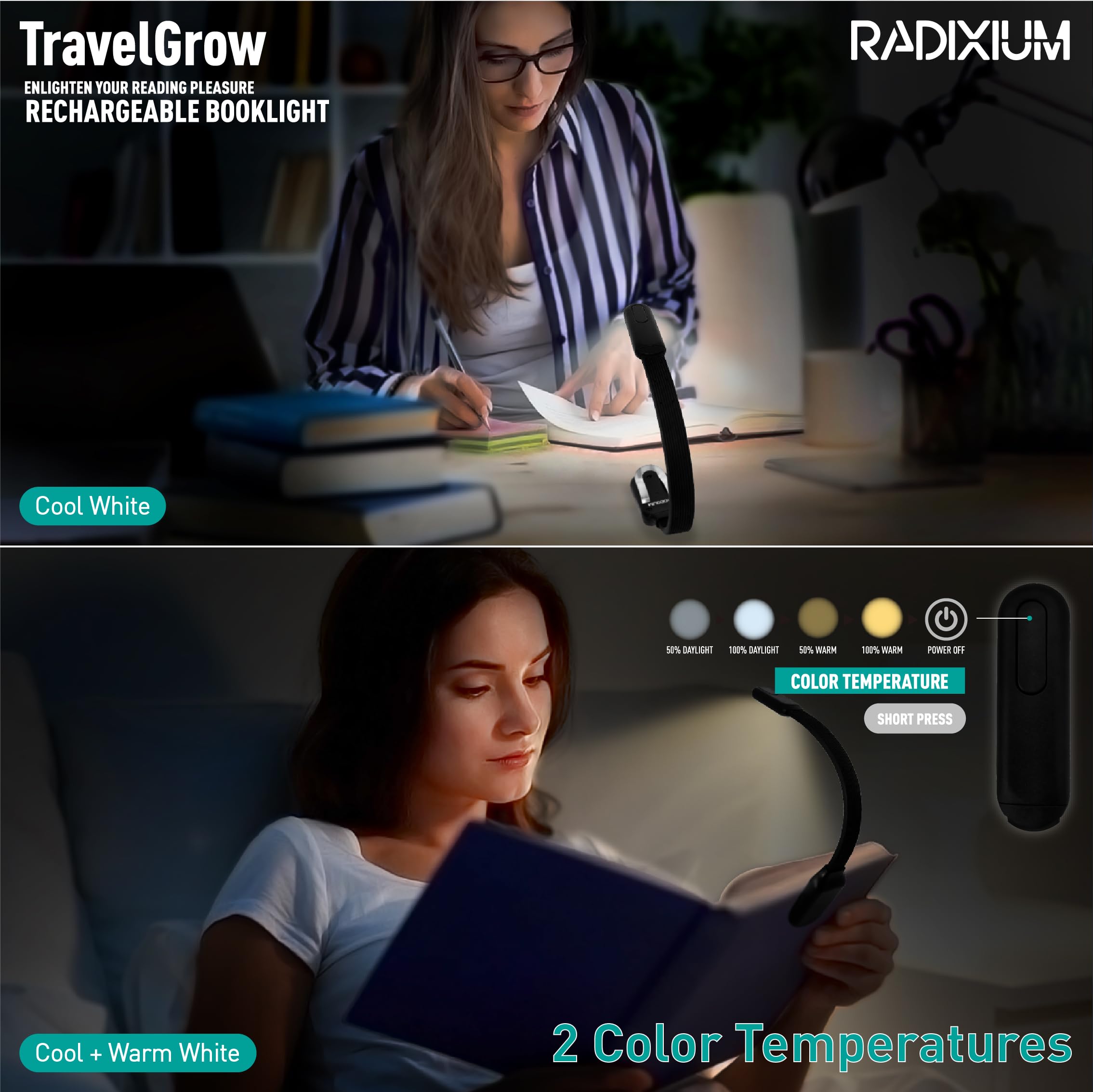 Slim Rechargeable Book Reading Light  Eye Caring Led With 4 Color Temperatures  Portable Clip On Book Light For Reading In Bed & Travelling. Prefect Elegant White Gift For Book Lover.(Black 2Pcs)