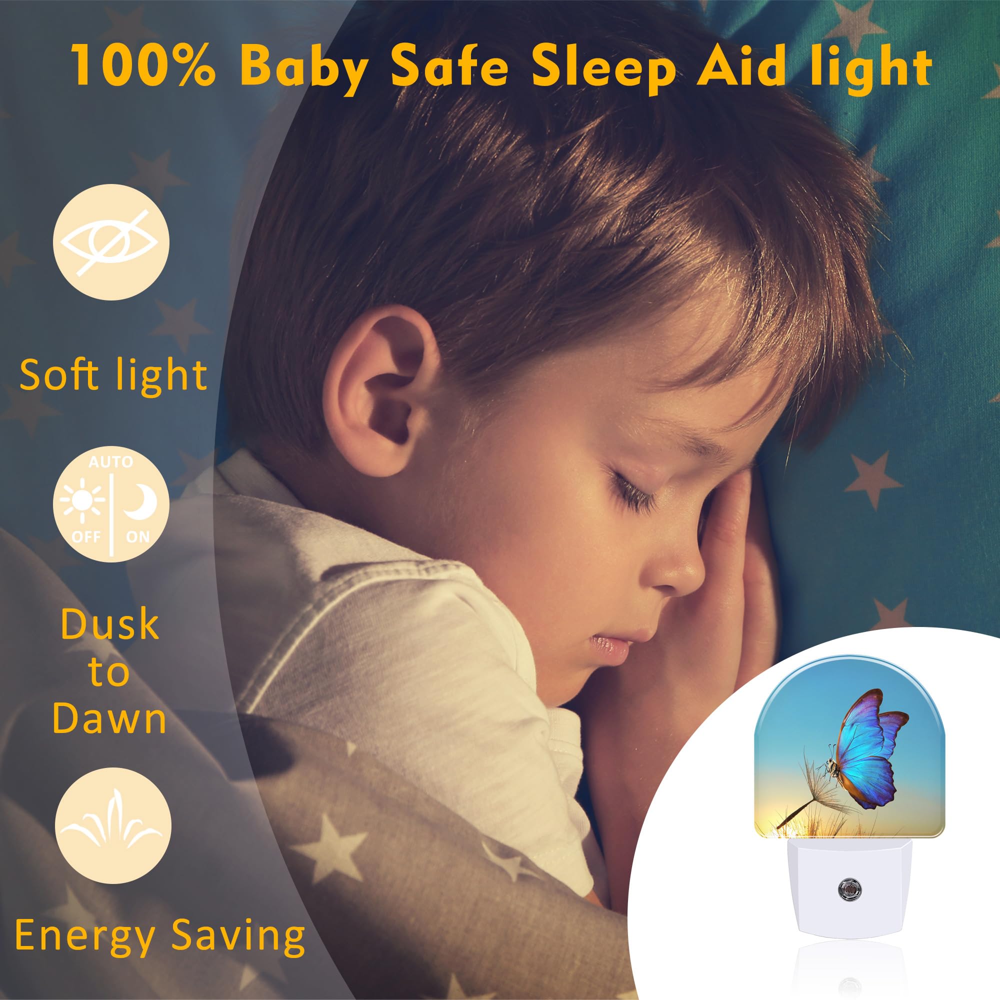 Sndheke Blue Butterfly And Dandelion Night Light Plug Into Wall, Butterfly In The Sunset Dusk To Dawn Night Light,0.5W Energy Sa