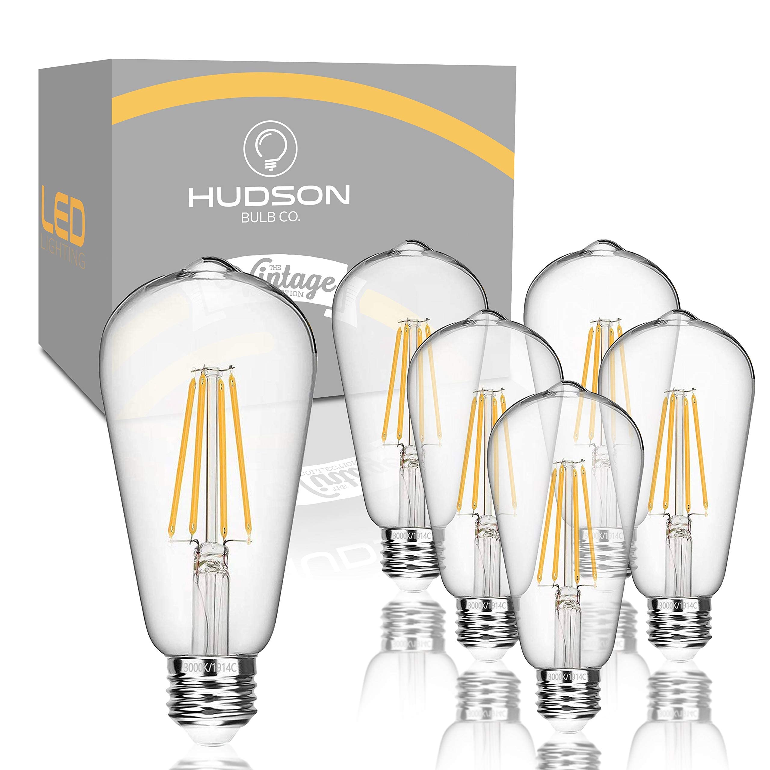 Hudson Bulb Co. Vintage Edison Led Light Bulbs 6W (6 Pack), Soft White, Non-Dimmable, E26/E27 Base, St58 Style, 60 Watt Equivale