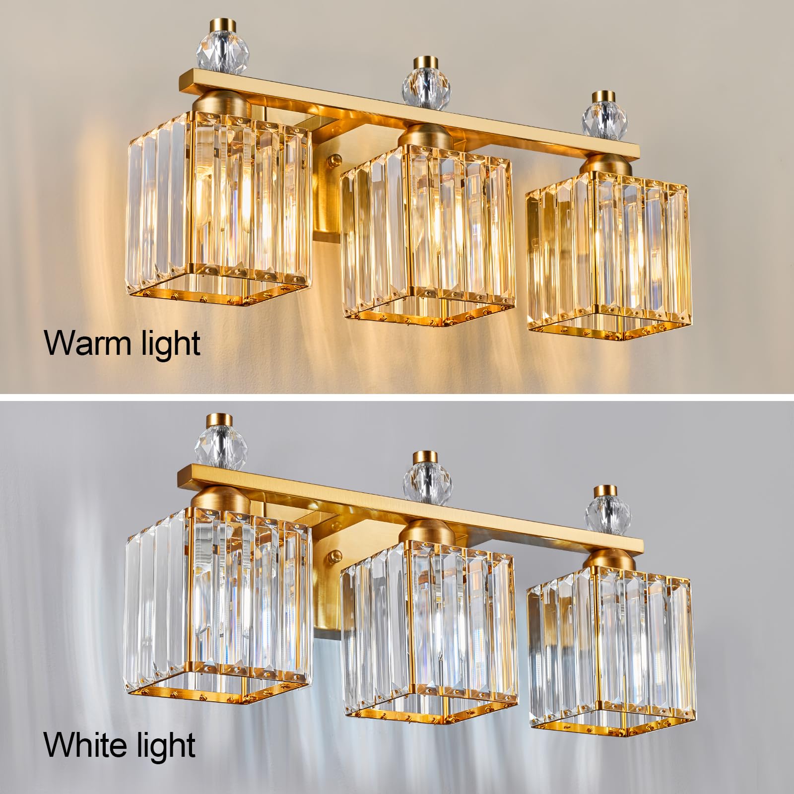 FDPBY 3-Light Bathroom Vanity Light Fixture, Gold Square Metal, Model 290, Modern Crystal Design, Over Mirror Lighting