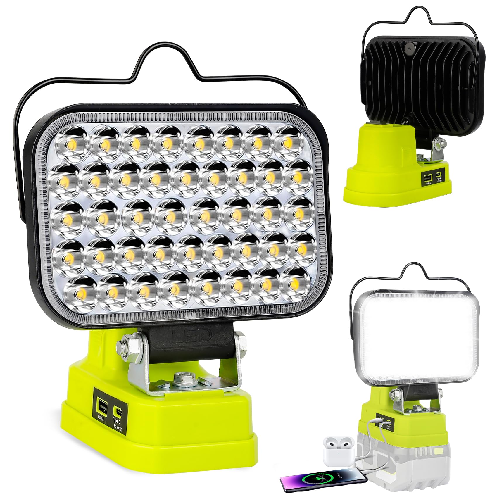 Fiihio Cordless LED Work Light Compatible with Ryobi 18V Battery, 90W 7000LM Flood Light with USB & Type-C, Low Voltage Protecti
