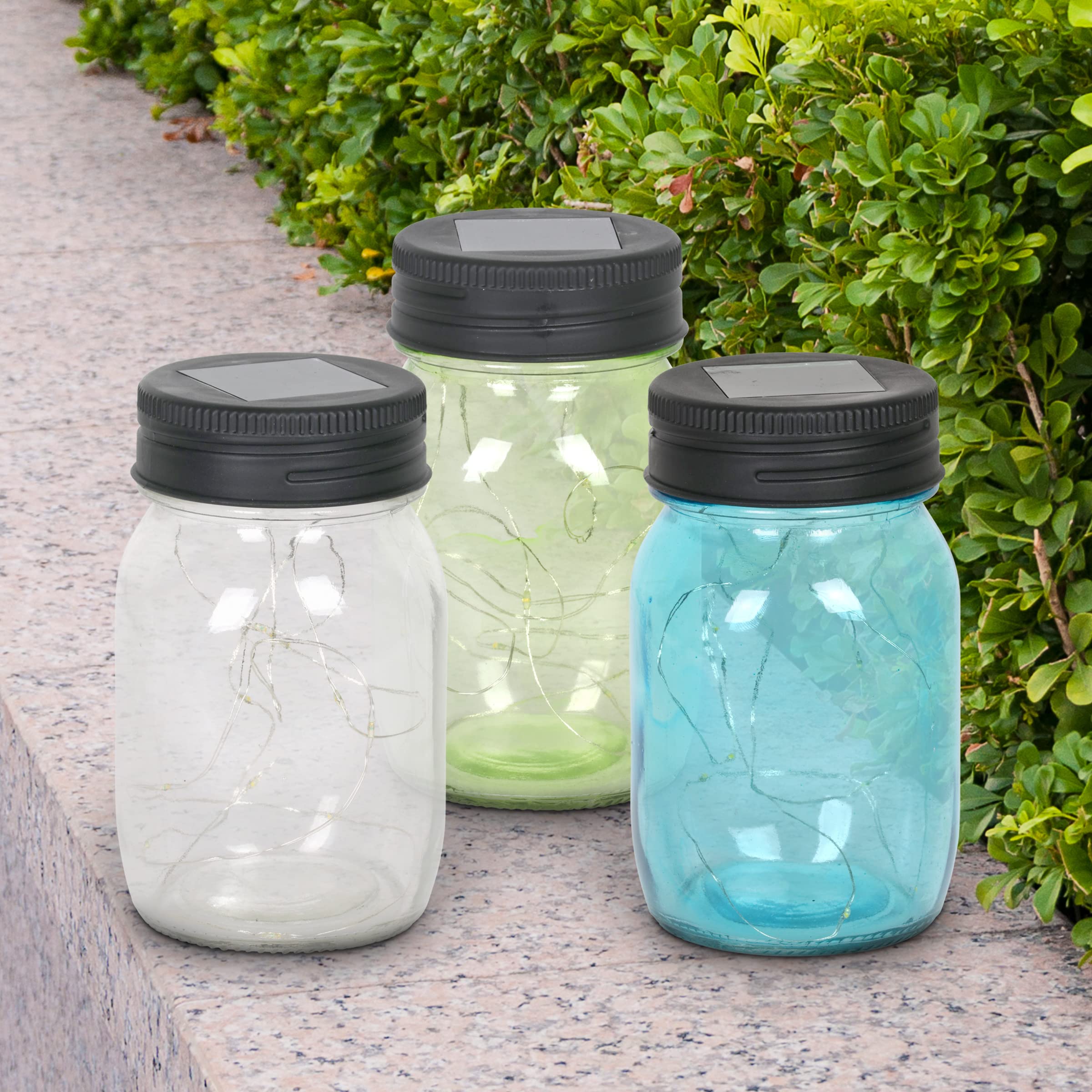 Exhart Solar Mason Jars Set of 3 Glass Lanterns with 12 LED Lights 3.5 x 5.5 Inch Multicolor Model 05818