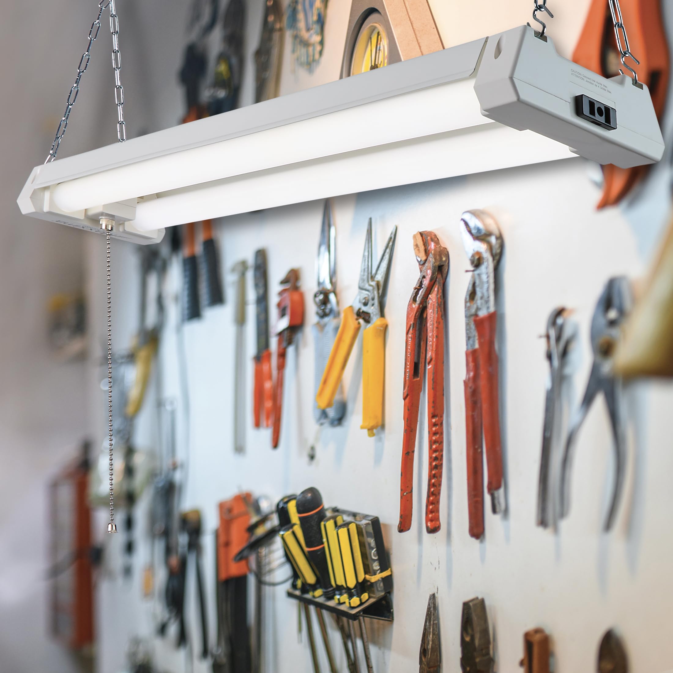 Maxxima LED Shop Light Fixture, 20W, 2000 Lumens, 5000K Daylight, Frosted Lens, Plug-in, Pull Chain, White, MSL-202000