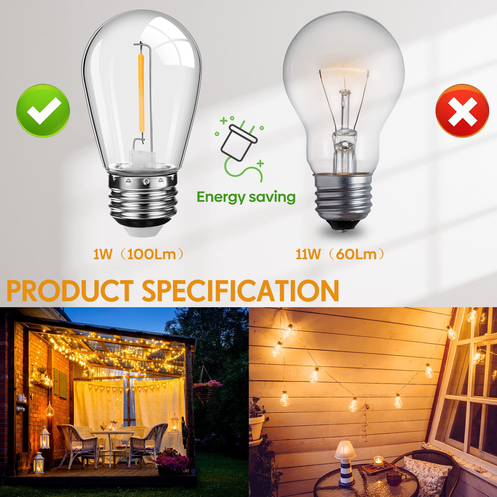 Mudder 60 Pack LED Replacement Light Bulbs S14 Waterproof Shatterproof E26 110V Warm White