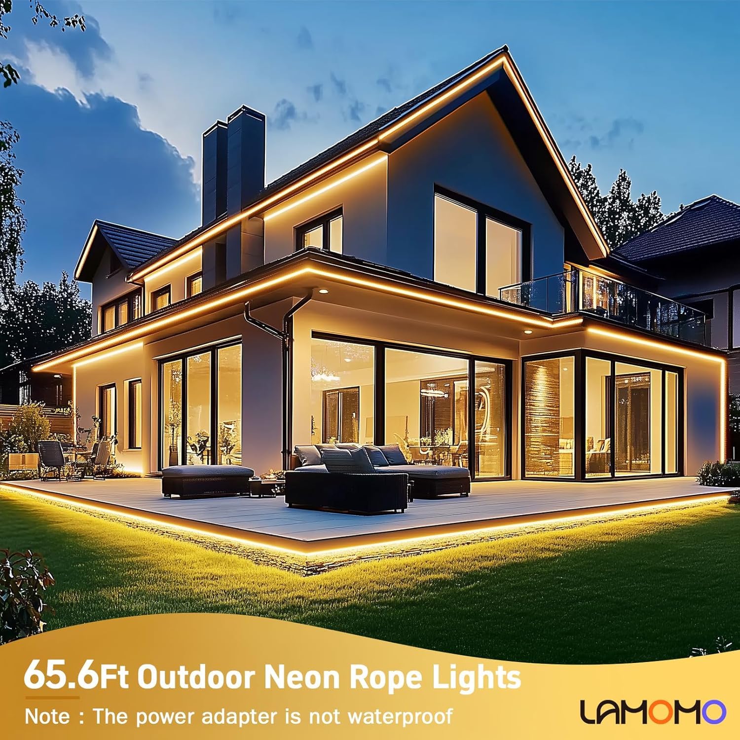 Lamomo Led Neon Lights, 24V Warm White Dimmable Led Rope Lights, 65.6Ft Waterproof Flexible Led Strip Lights, Silicone 3000K Neo