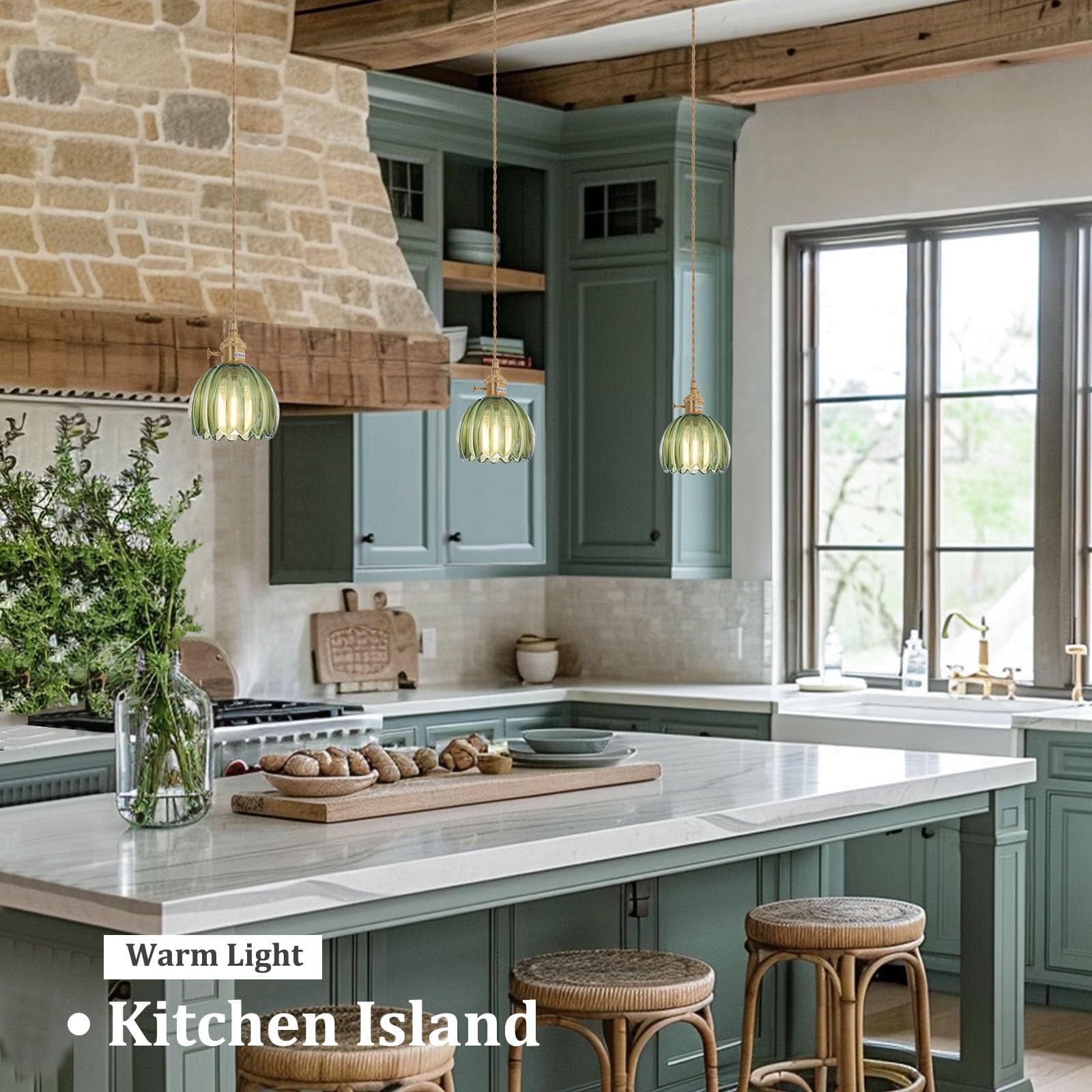 Shenmoyl Mini Pendant Light 2 Pack With Green Tulip Glass Lmapshade, Brass Vintage Pendant Light Adjustable Hanging Light For Ki