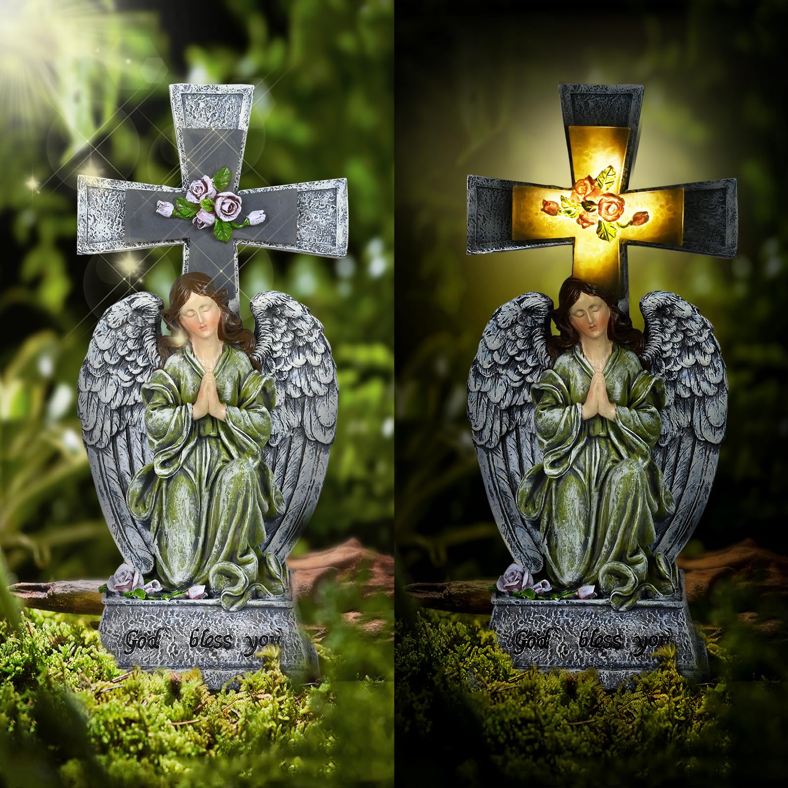 Yiosax-Solar Angels For Cemetery-Garden Statue Lights Decor - Before The Cross On One Knee Wings Praying Angel Figurine Bless Yo