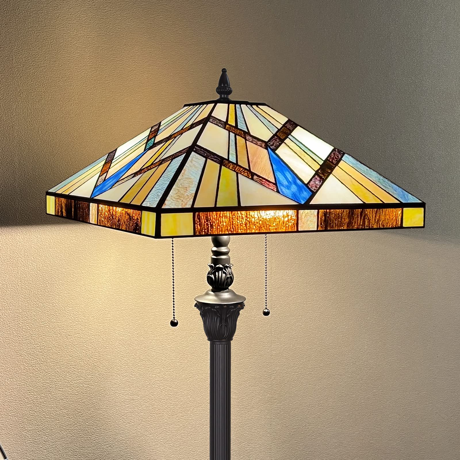 Capulina Tiffany Style Floor Lamp 2-Light 16x16x63 Inch Cream Amber Antique Mission Style Stained Glass Standing Light for Livin