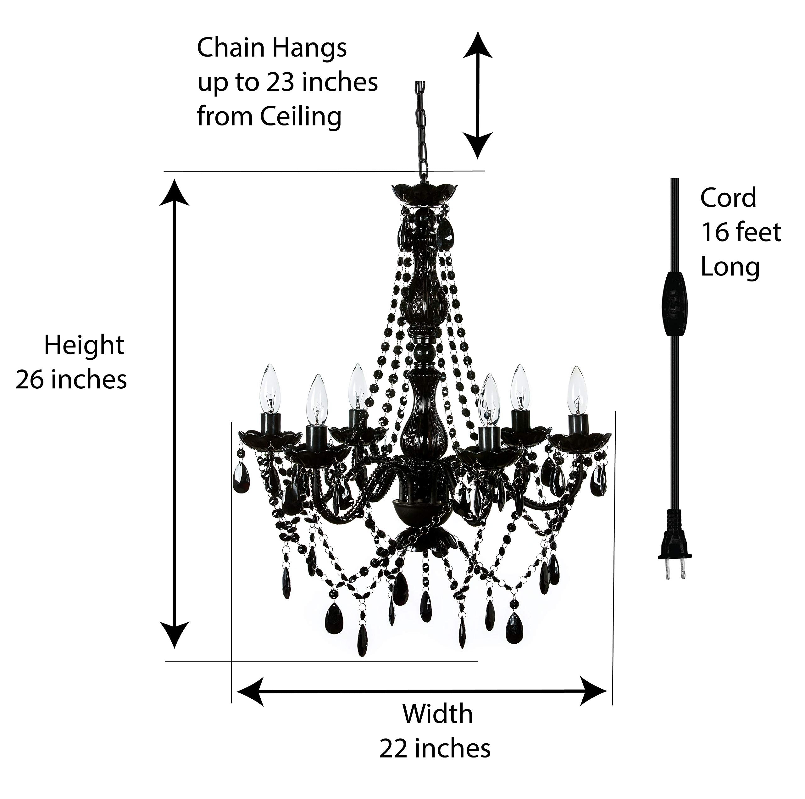 Gypsy Color 6 Light Plug-In Swag Chandelier, Black Metal Frame, Glass Stem, Acrylic Crystals, Model Gylgbkp, H26”Xw22”