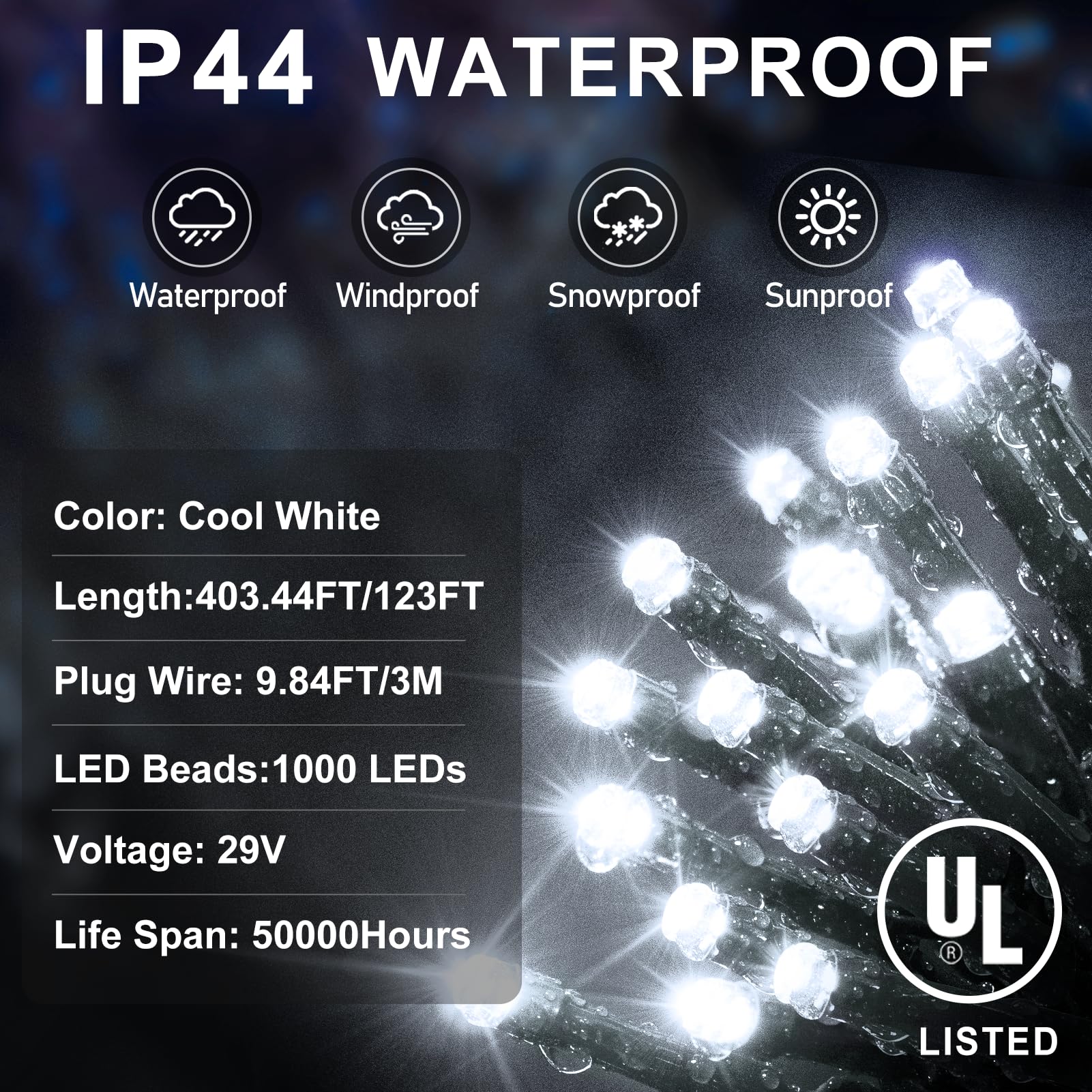 KNONEW Outdoor Christmas Lights 1000 LED 403ft String Lights Cool White Waterproof with Timer, Model 68KN-168LIG-NIU