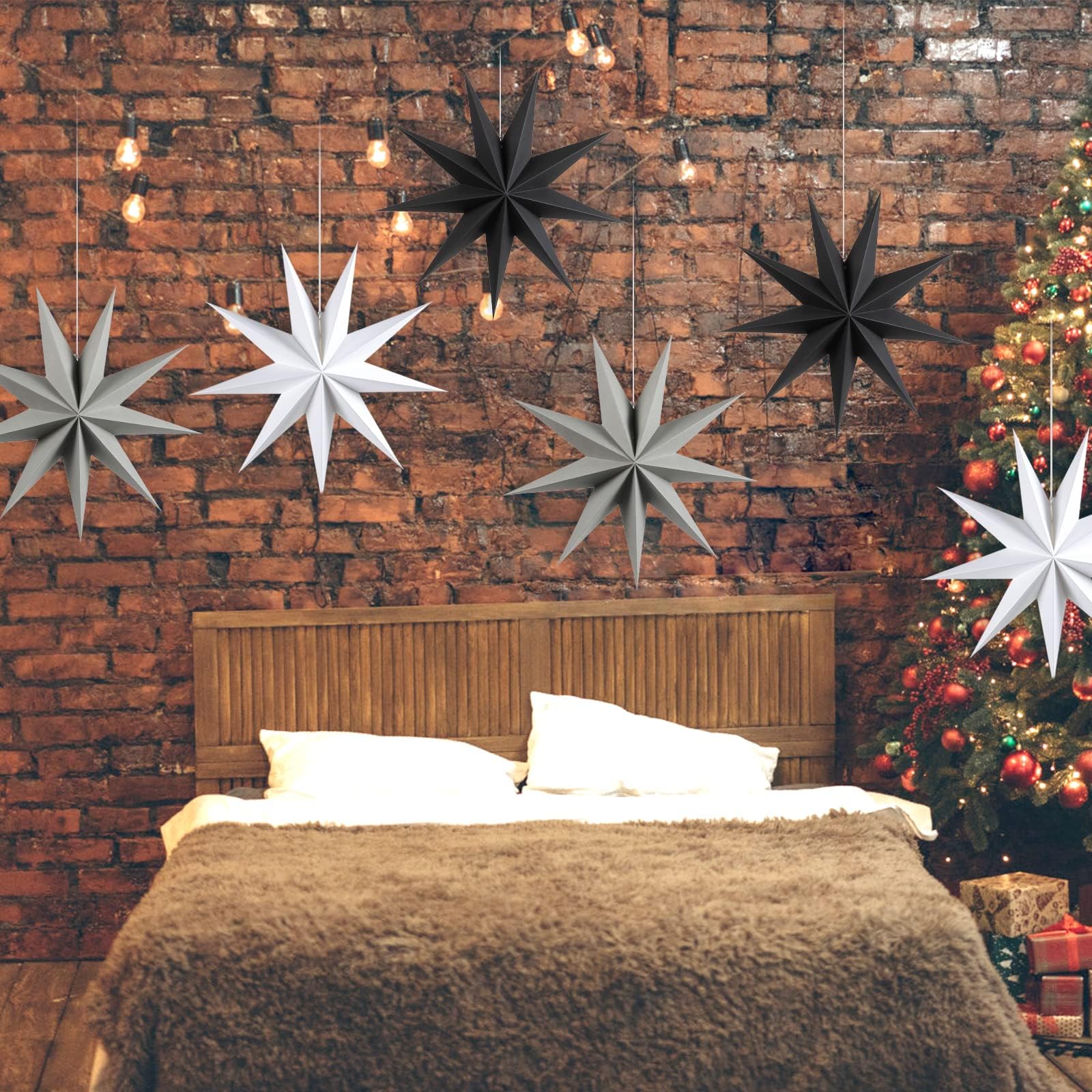 Sunbeauty 3 Pcs 9-Pointed Paper Star Lanterns 12 Inch Hanging Lampshade Wedding Birthday Christmas Home New Year Party Decoratio
