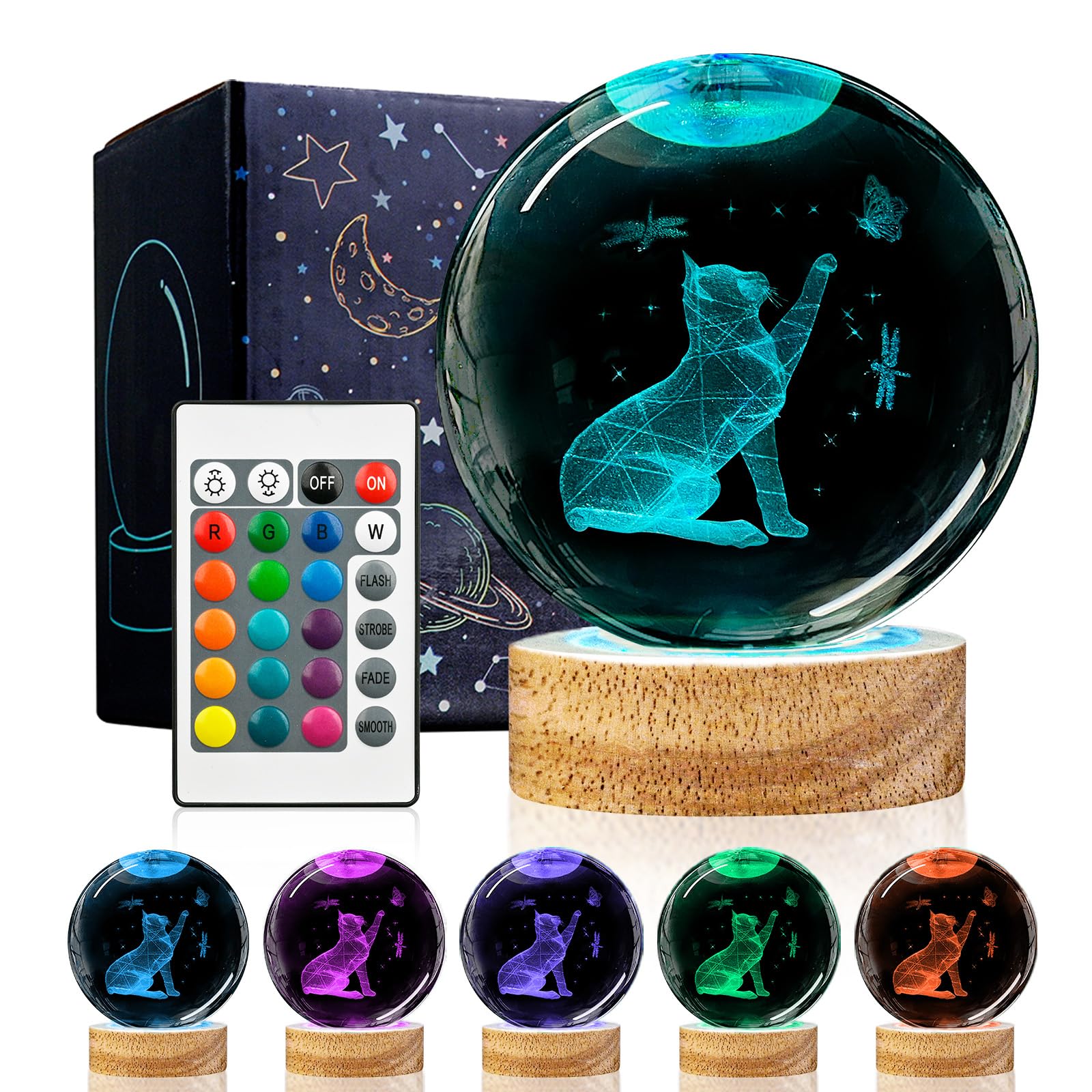 3D Cat Crystal Ball Night Light Cat Lover Gifts for Women Upgraded 3.15 In Cat Figurines Glass Ball Home Decor Lamps with 16 Col
