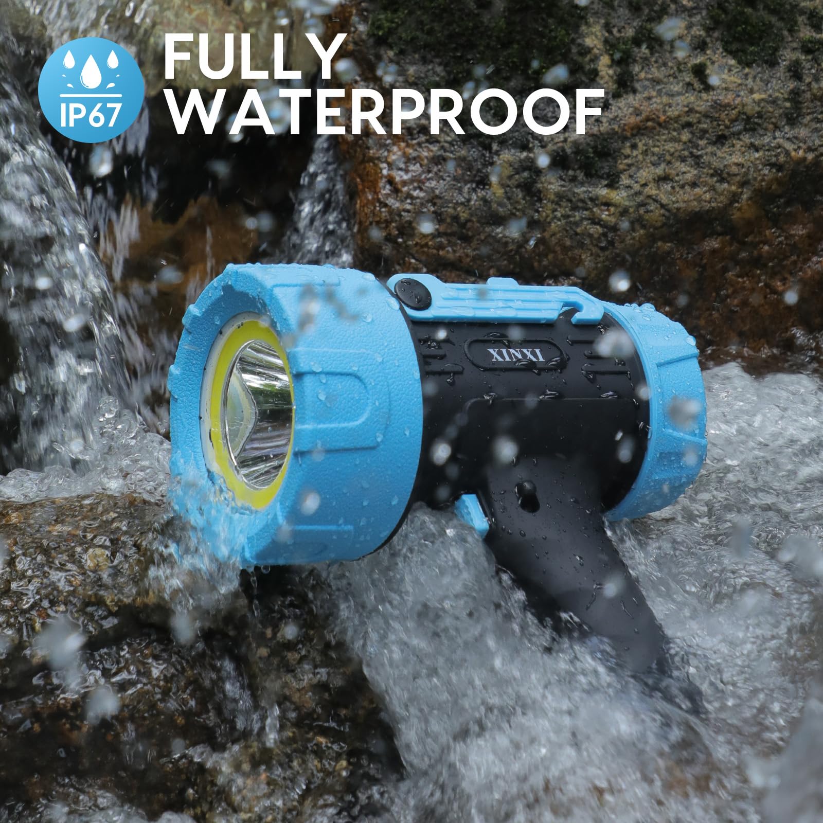 XINXI Rechargeable Spotlight with COB Floodlight, 6 Light Modes and USB Charger for Hiking, Boating, Hunting, IP67 Waterproof Ha