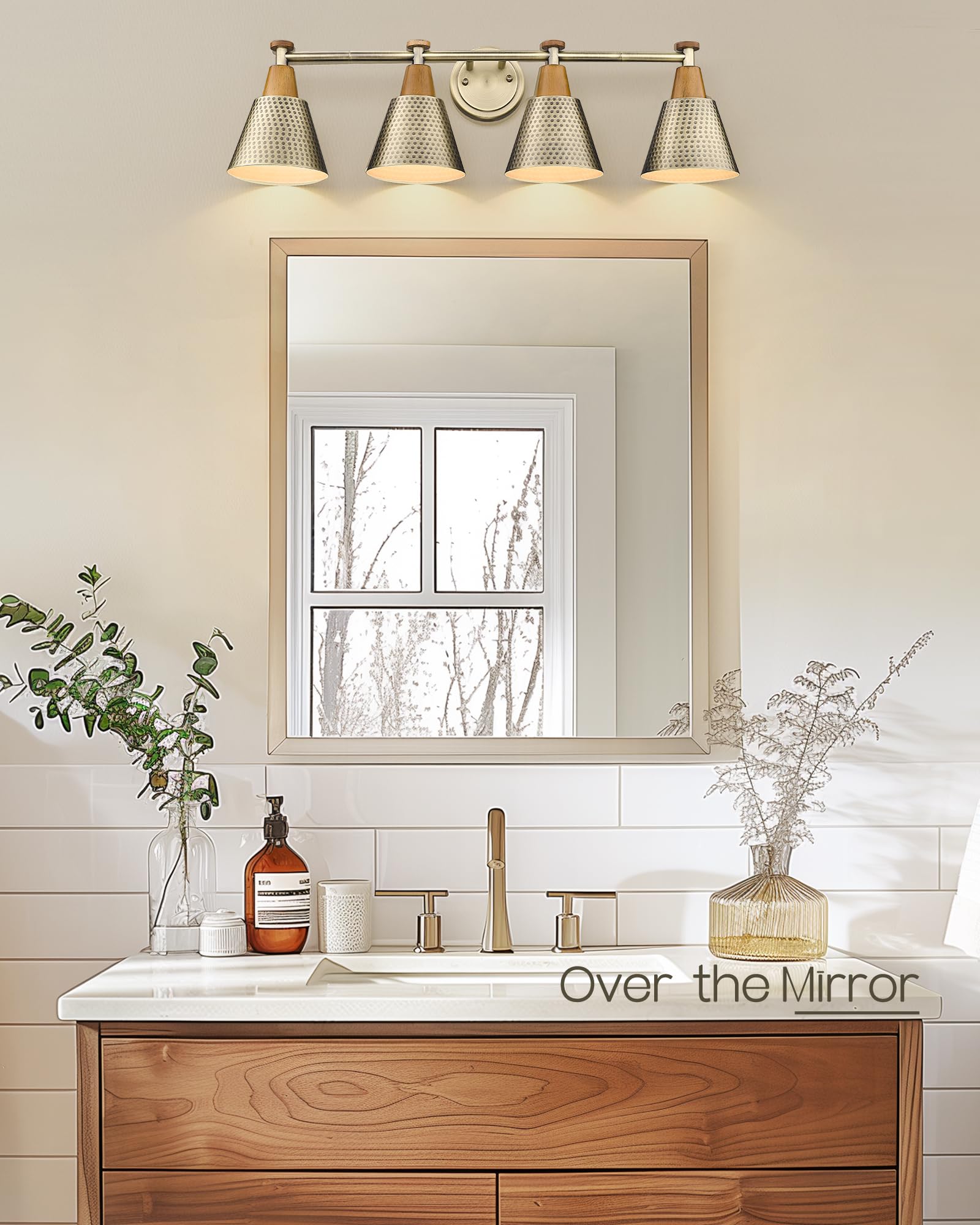 FEMILA 4-Light Bathroom Vanity Lights, Antique Brass Wall Sconces with Hammered Metal Shade Finish