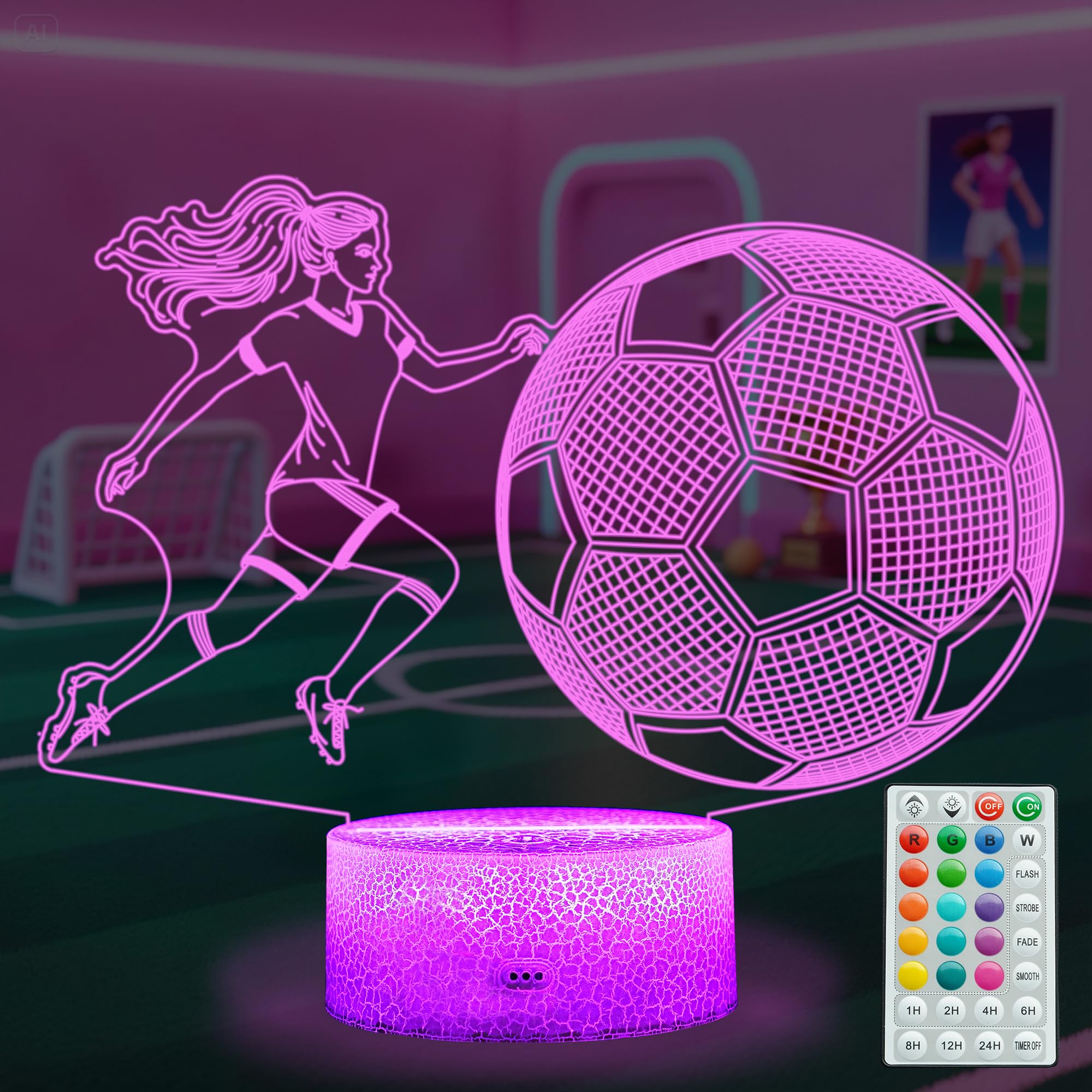 POSSHE Soccer Night Light, Soccer Gifts for Girls, 3D Illusion Lamp with Remote, Timer, 16 Colors Changing, RGB Flashing Mode an